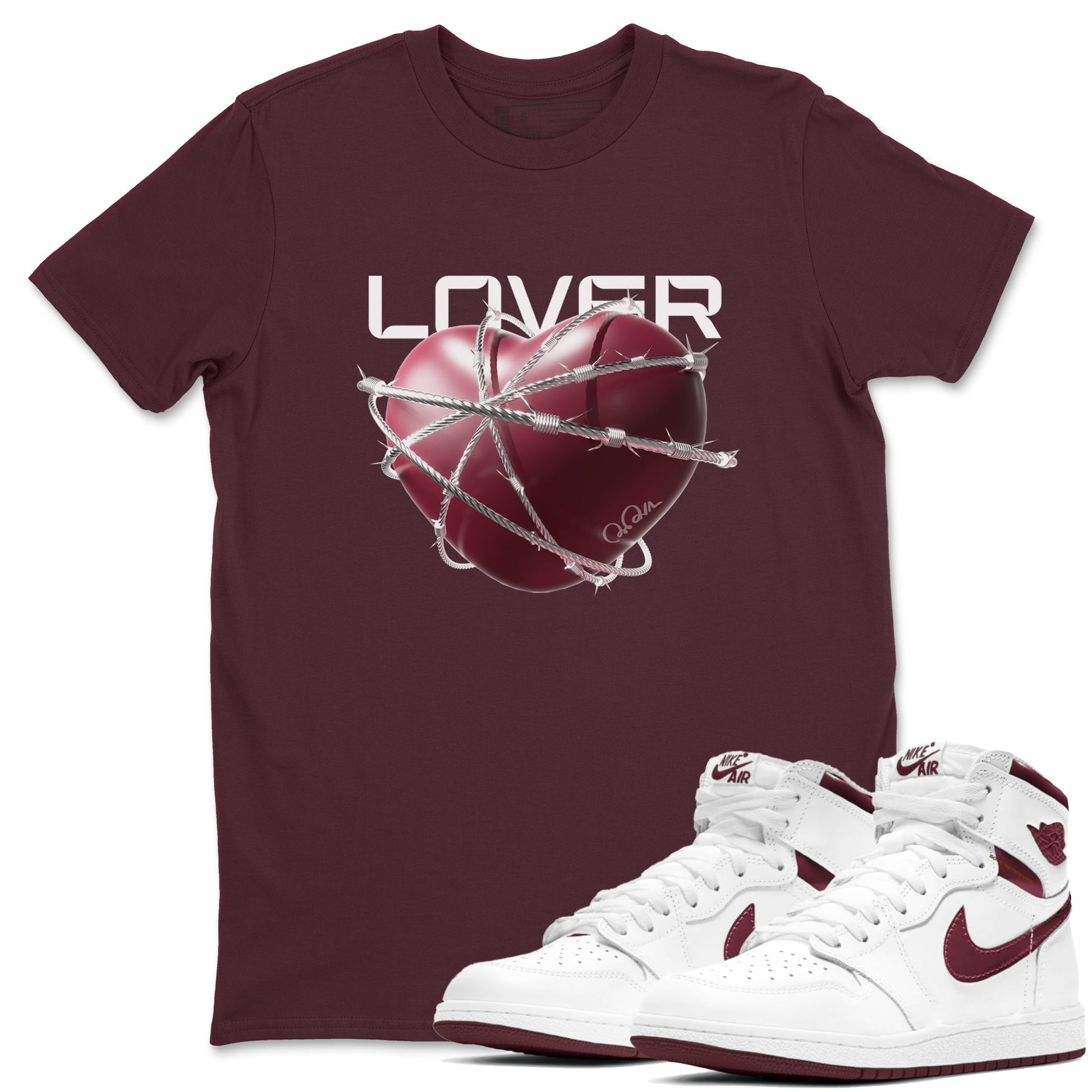 Air Jordan 1 Metallic Burgundy shirt to match jordans Heart Lover sneaker tees AJ1 Metallic Burgundy SNRT Sneaker Release Tees Unisex Maroon 1 T-Shirt