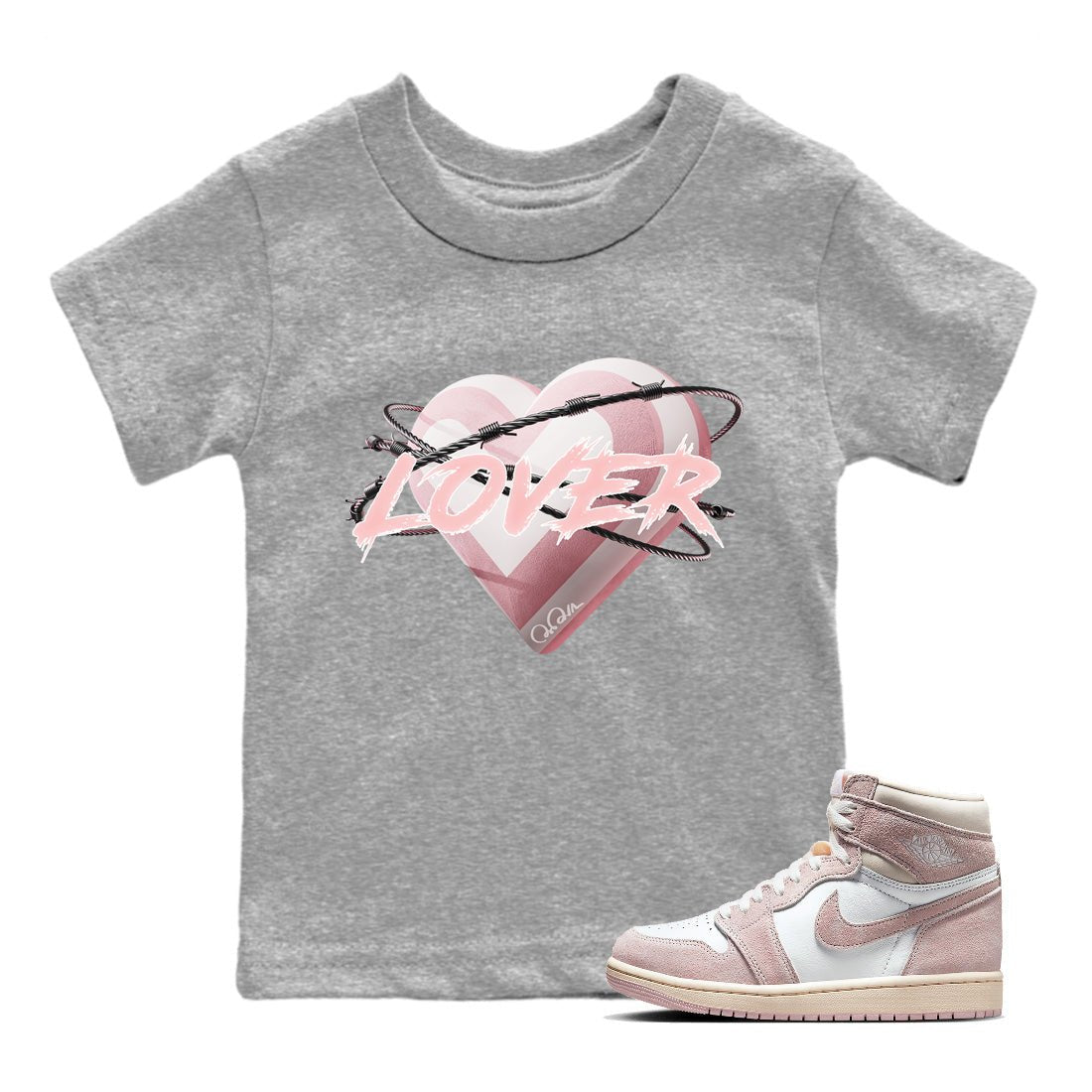 AJ1 Retro High OG Washed Pink Sneaker Match Tees Heart Lover Sneaker Tees AJ1 Retro High OG Washed Pink Sneaker Release Tees Kids Shirts Heather Grey 1