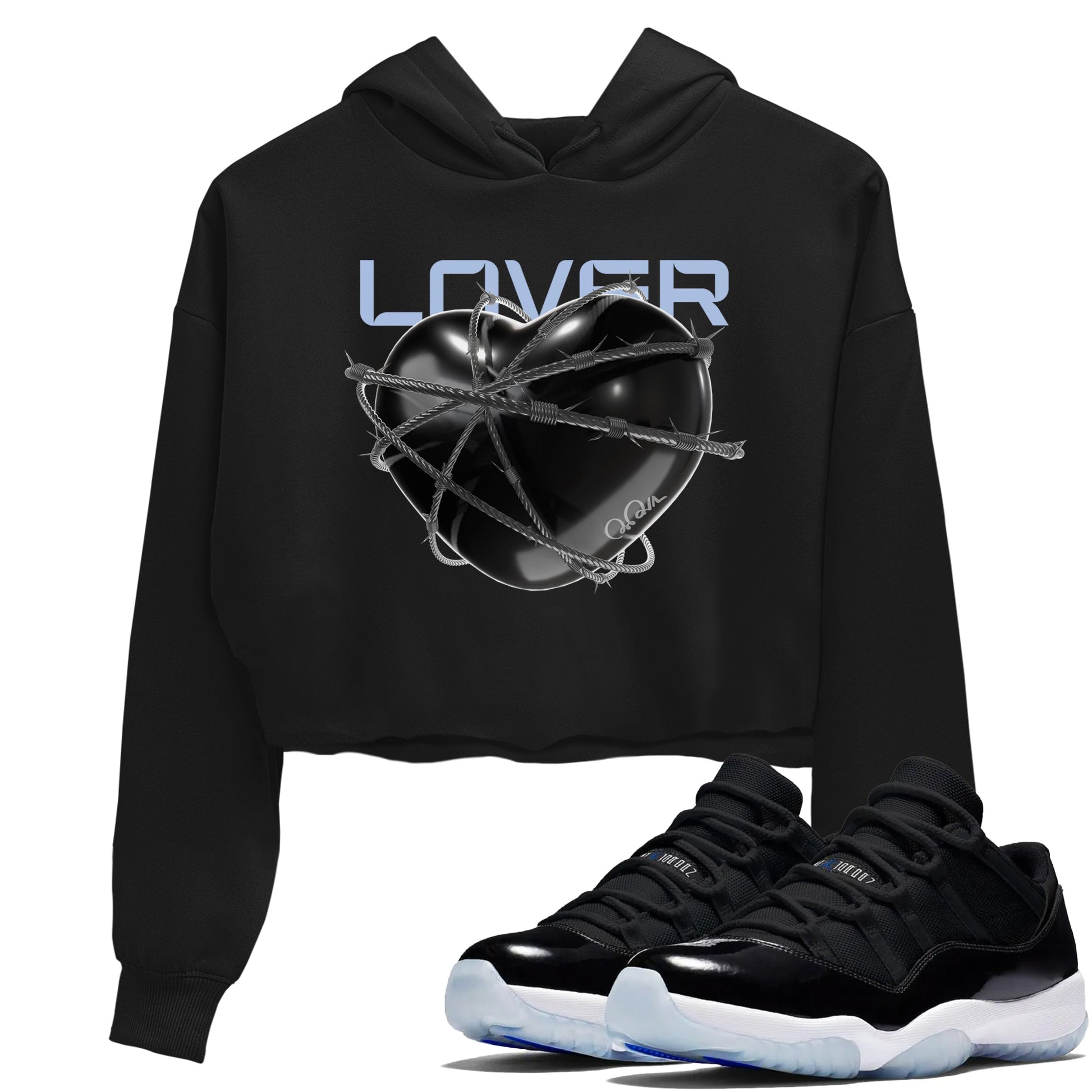 11s Black and Varsity Royal shirt to match jordans Heart Lover sneaker tees Air Jordan 11 Black/Varsity Royal SNRT Sneaker Release Tees Black 1 Crop T-Shirt