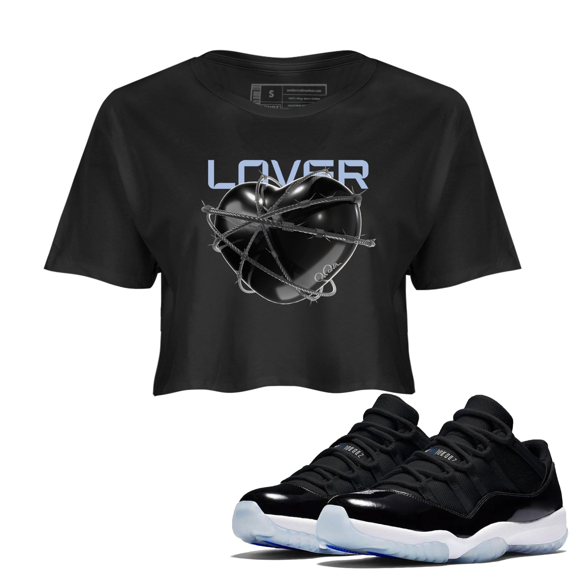 11s Black and Varsity Royal shirt to match jordans Heart Lover sneaker tees Air Jordan 11 Black/Varsity Royal SNRT Sneaker Release Tees Black 1 Crop T-Shirt