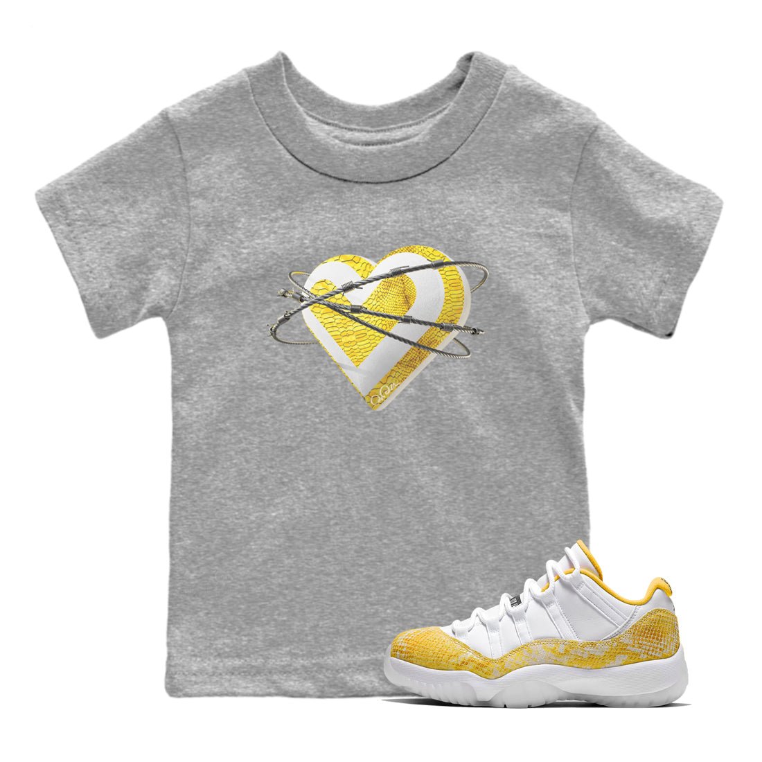 Air Jordan 11 Yellow Python Sneaker Match Tees Heart Lover Sneaker Tees AJ11 Yellow Python Sneaker Release Tees Kids Shirts Heather Grey 1