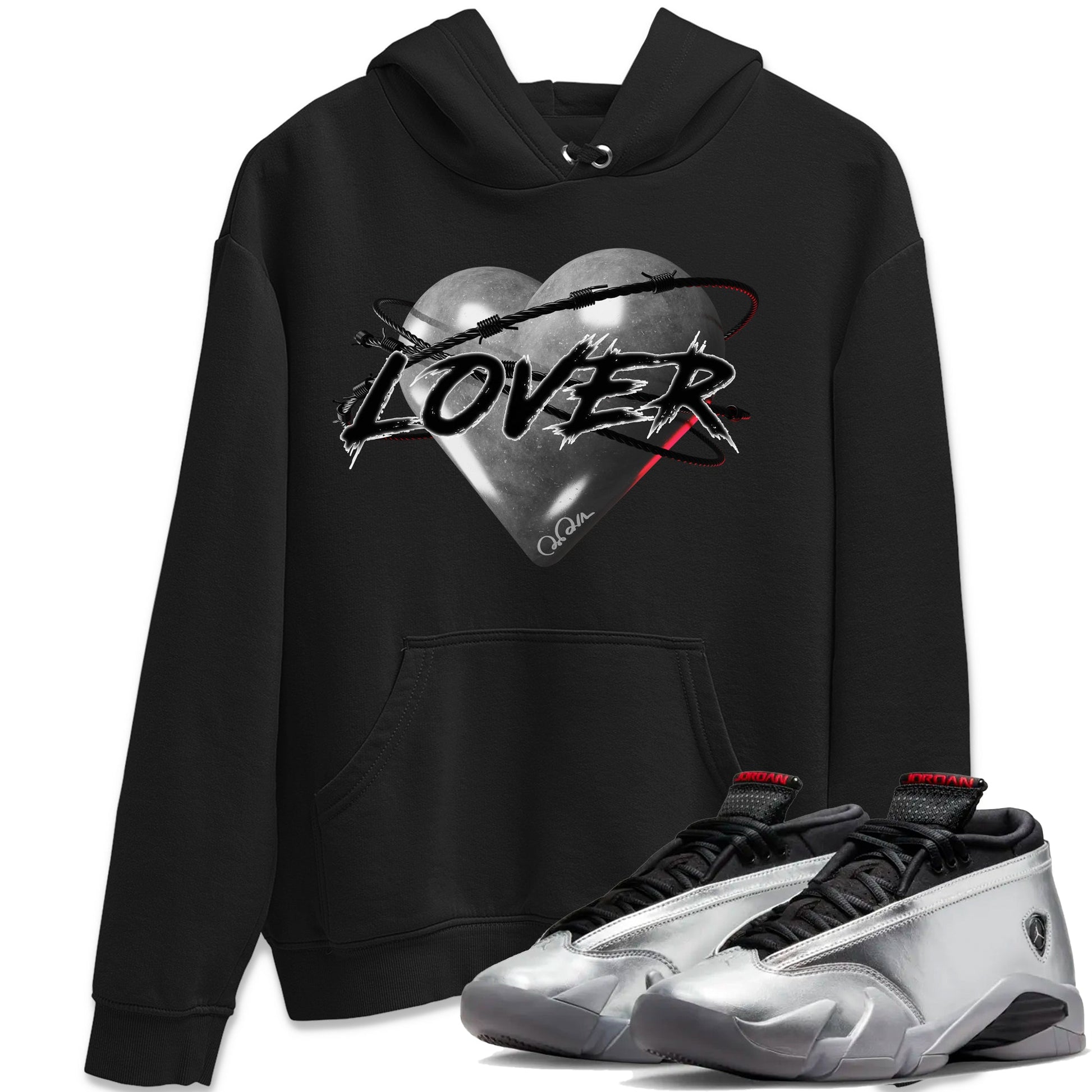 Air Jordan 14 Metallic Silver Sneaker Match Tees Heart Lover Sneaker Tees AJ14 Metallic Silver Sneaker Release Tees Unisex Shirts Black 1