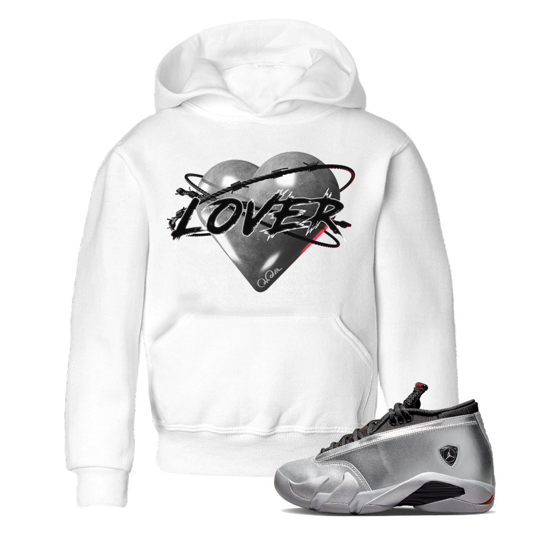 Air Jordan 14 Metallic Silver Sneaker Match Tees Heart Lover Sneaker Tees AJ14 Metallic Silver Sneaker Release Tees Kids Shirts White 1