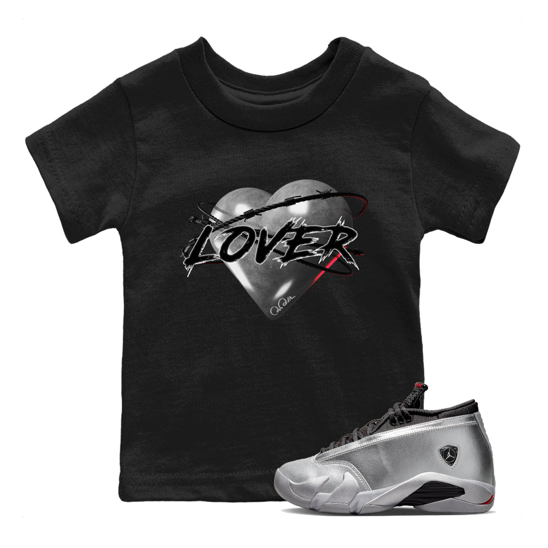 Air Jordan 14 Metallic Silver Sneaker Match Tees Heart Lover Sneaker Tees AJ14 Metallic Silver Sneaker Release Tees Kids Shirts Black 1