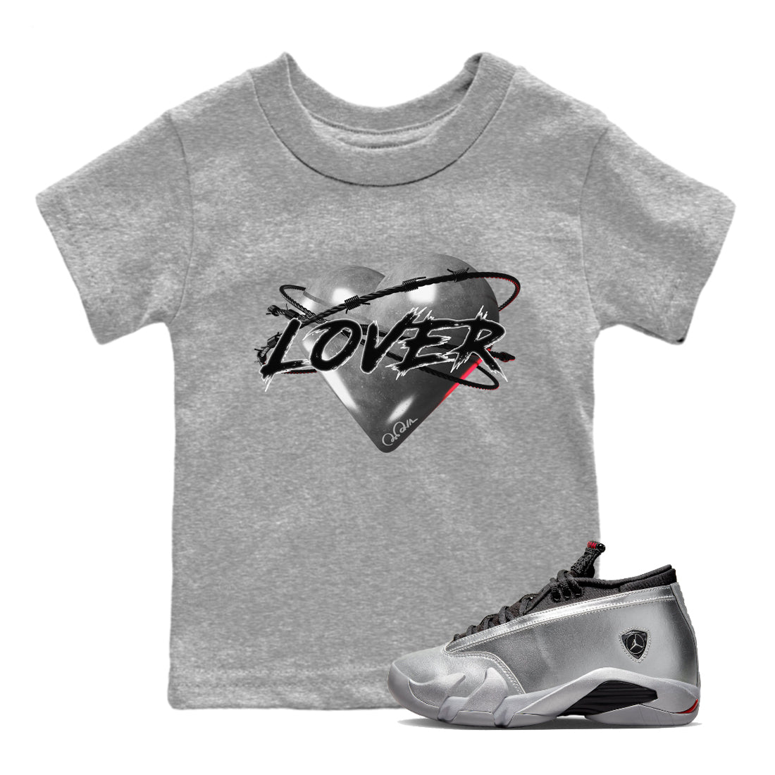 Air Jordan 14 Metallic Silver Heart Lover Baby and Kids Sneaker Tees AJ14 Metallic Silver Kids Sneaker Tees Size Chart