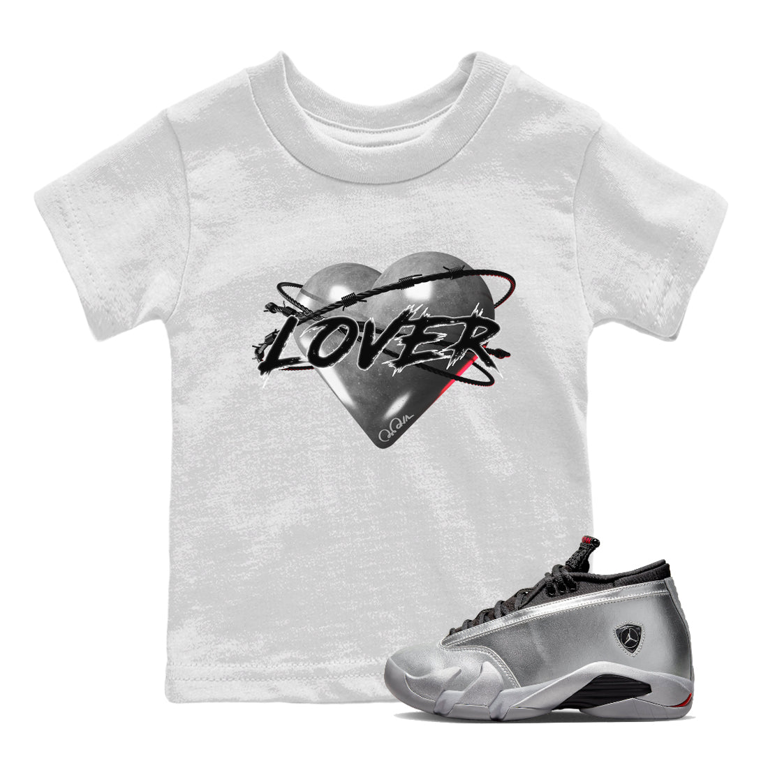 Air Jordan 14 Metallic Silver Sneaker Match Tees Heart Lover Sneaker Tees AJ14 Metallic Silver Sneaker Release Tees Kids Shirts White 1
