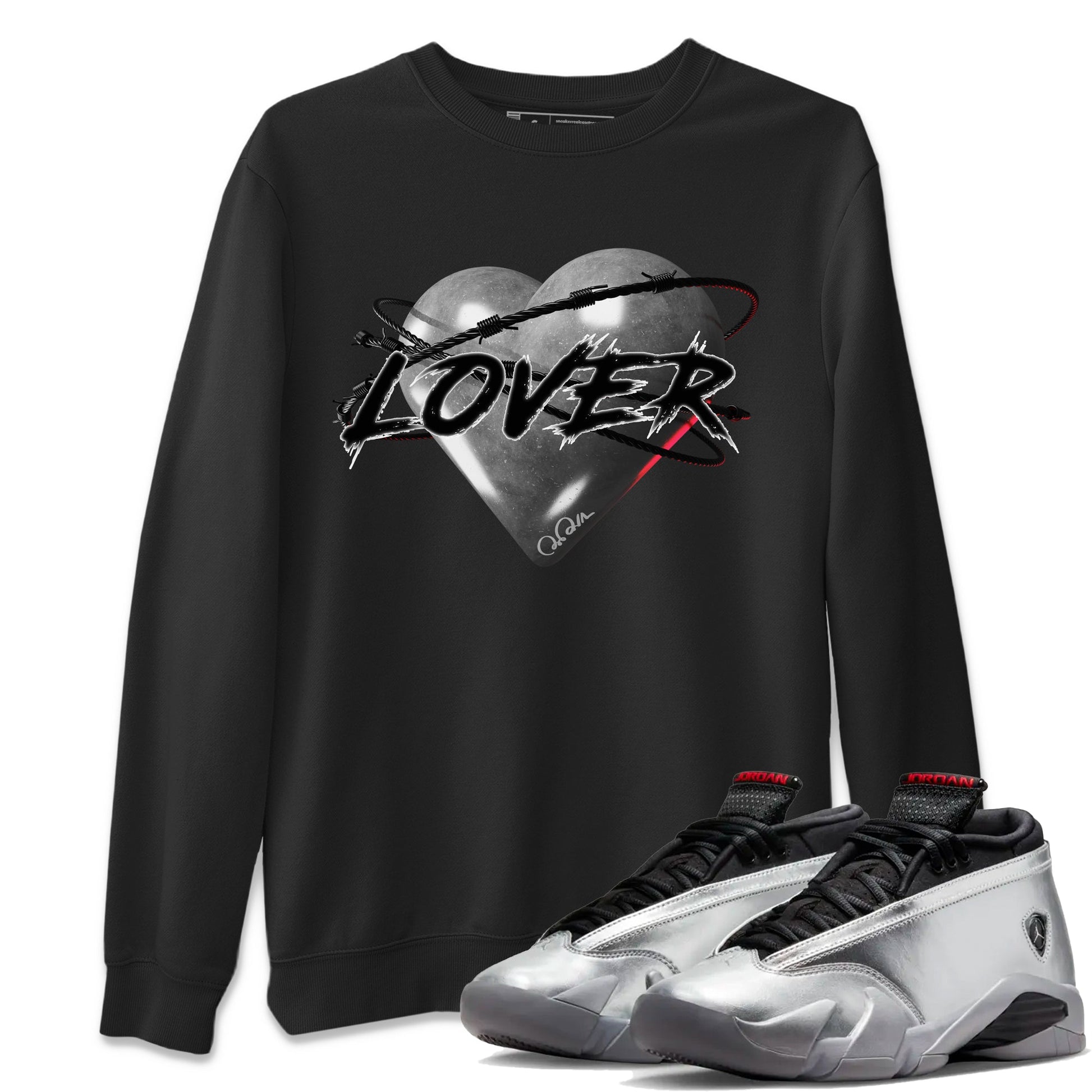 Air Jordan 14 Metallic Silver Sneaker Match Tees Heart Lover Sneaker Tees AJ14 Metallic Silver Sneaker Release Tees Unisex Shirts Black 1