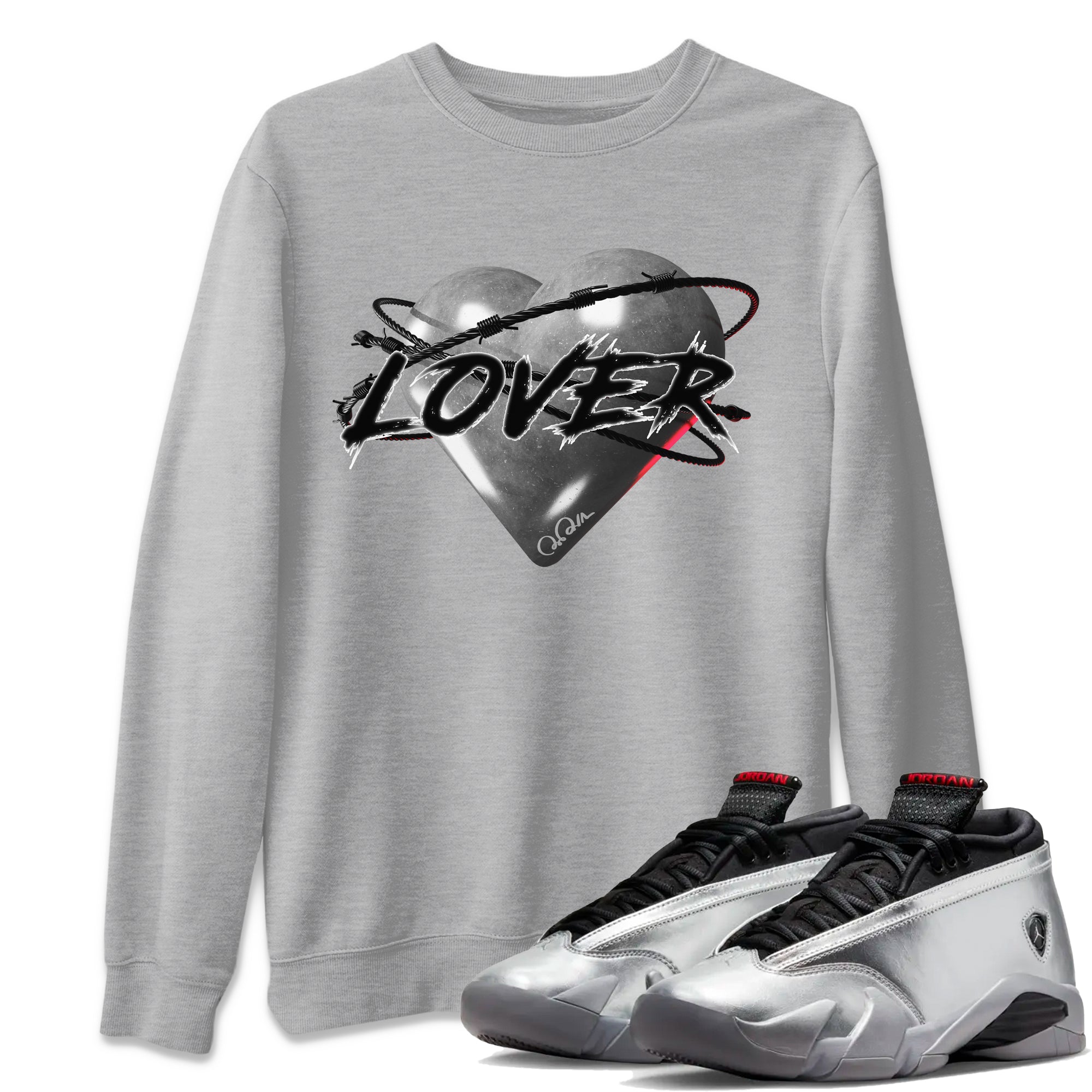 Air Jordan 14 Metallic Silver Sneaker Match Tees Heart Lover Sneaker Tees AJ14 Metallic Silver Sneaker Release Tees Unisex Shirts Heather Grey 1