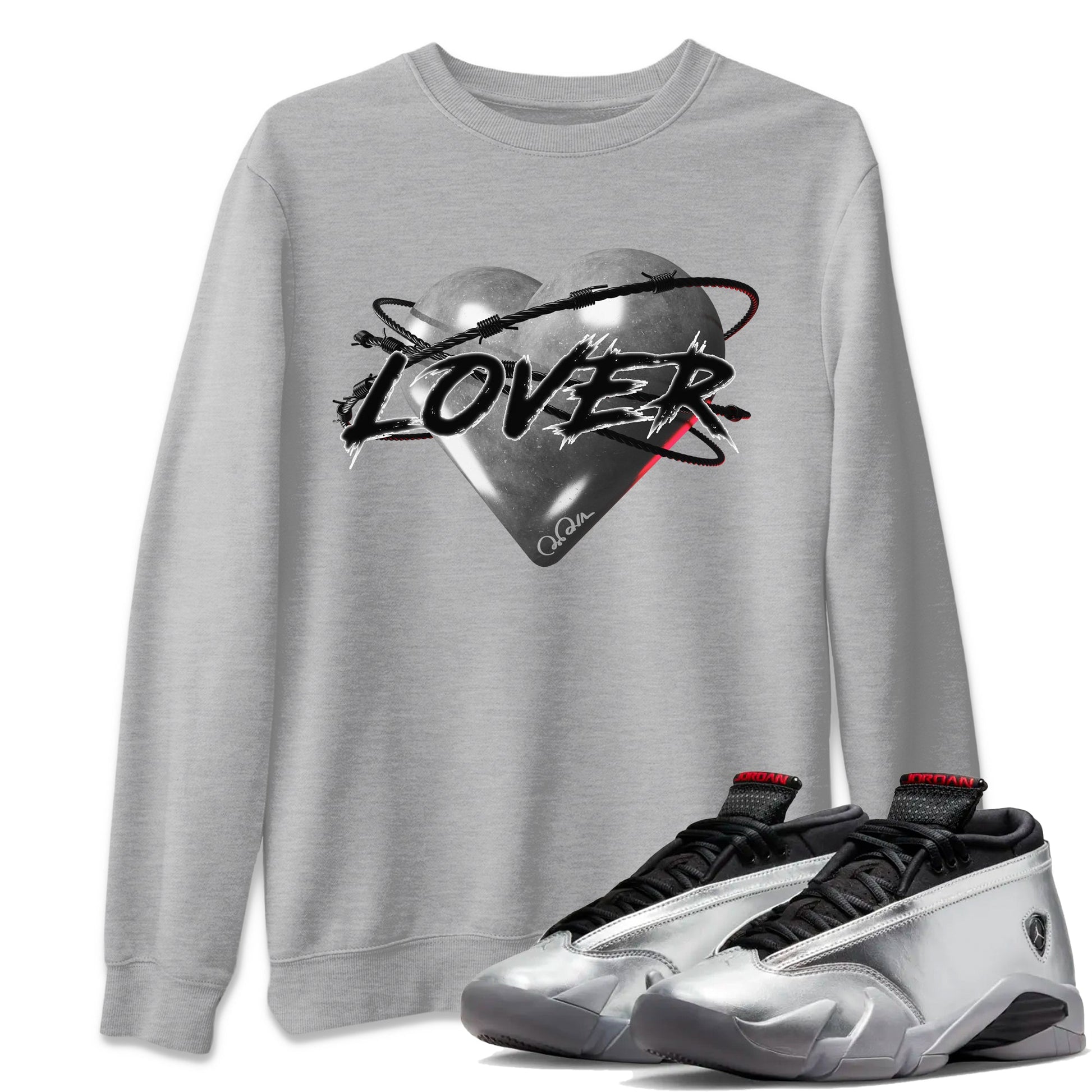 Air Jordan 14 Metallic Silver Sneaker Match Tees Heart Lover Sneaker Tees AJ14 Metallic Silver Sneaker Release Tees Unisex Shirts Heather Grey 1