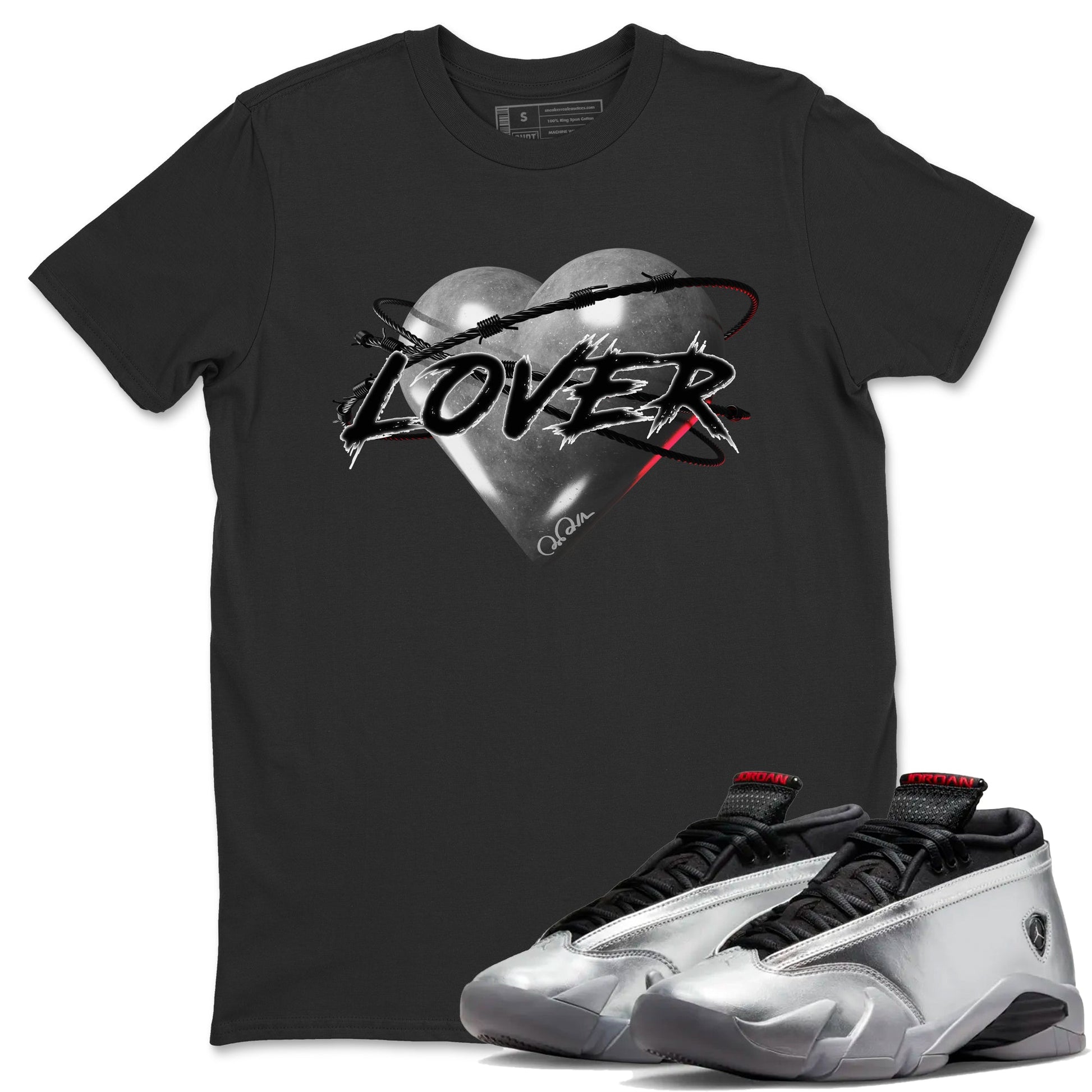 Air Jordan 14 Metallic Silver Sneaker Match Tees Heart Lover Sneaker Tees AJ14 Metallic Silver Sneaker Release Tees Unisex Shirts Black 1