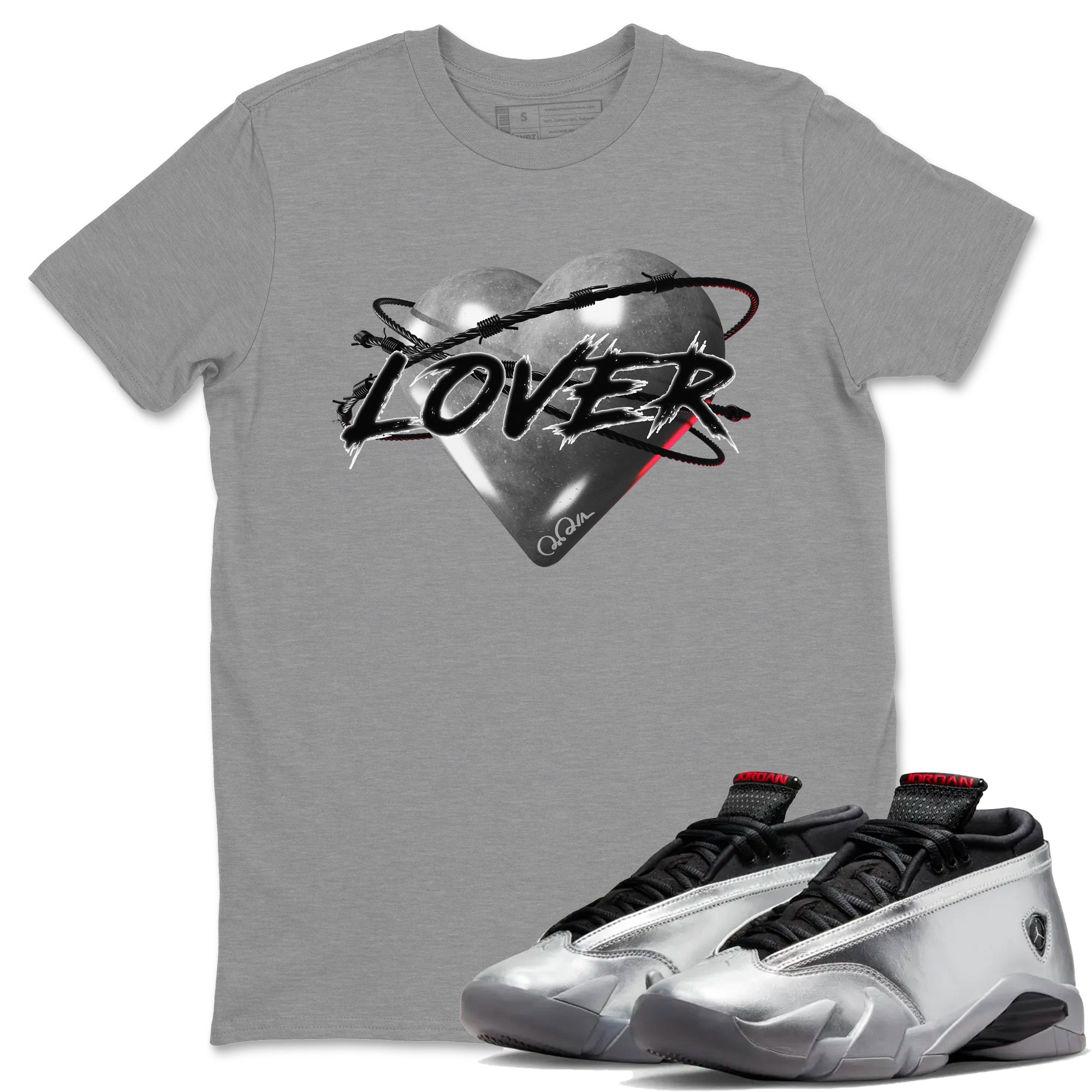 Air Jordan 14 Metallic Silver Heart Lover Crew Neck Sneaker Tees AJ14 Metallic Silver Sneaker T-Shirts Size Chart