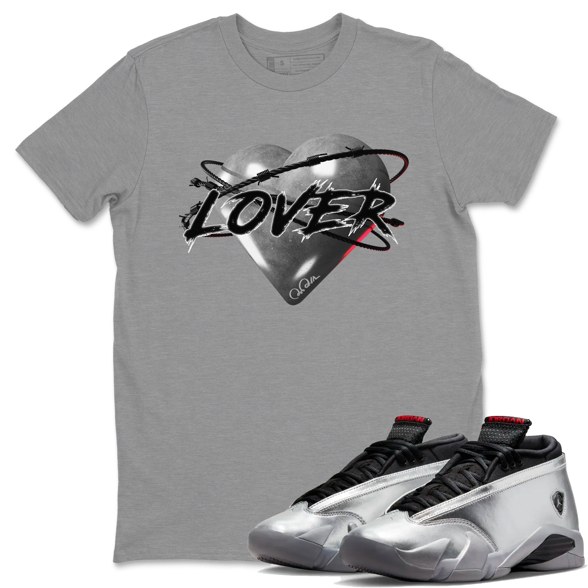 Air Jordan 14 Metallic Silver Heart Lover Crew Neck Sneaker Tees AJ14 Metallic Silver Sneaker T-Shirts Size Chart