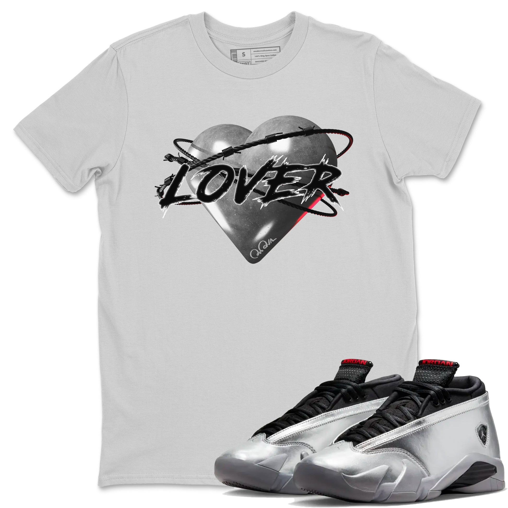Air Jordan 14 Metallic Silver Heart Lover Crew Neck Sneaker Tees AJ14 Metallic Silver Sneaker T-Shirts Washing and Care Tip