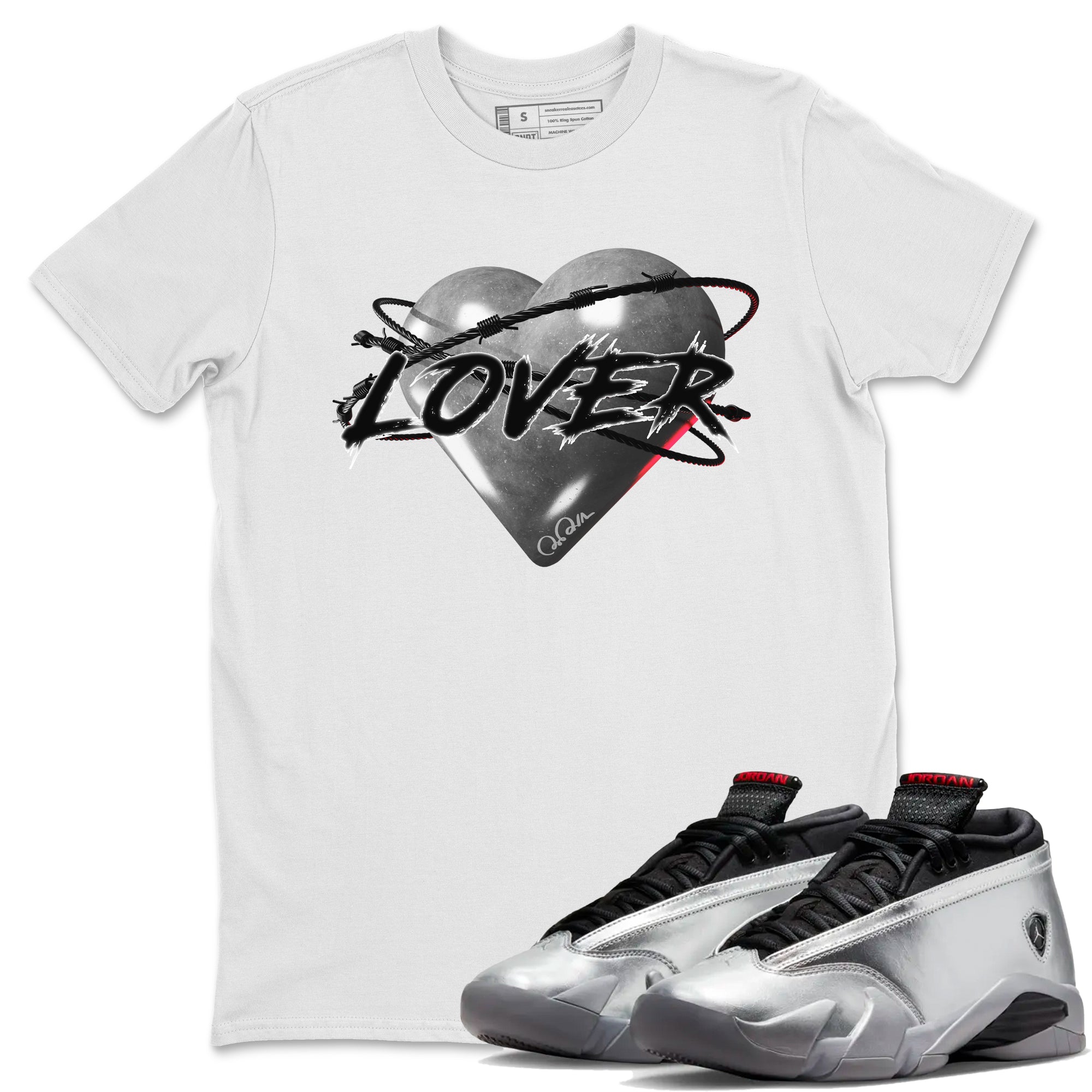 Air Jordan 14 Metallic Silver Sneaker Match Tees Heart Lover Sneaker Tees AJ14 Metallic Silver Sneaker Release Tees Unisex Shirts White 1
