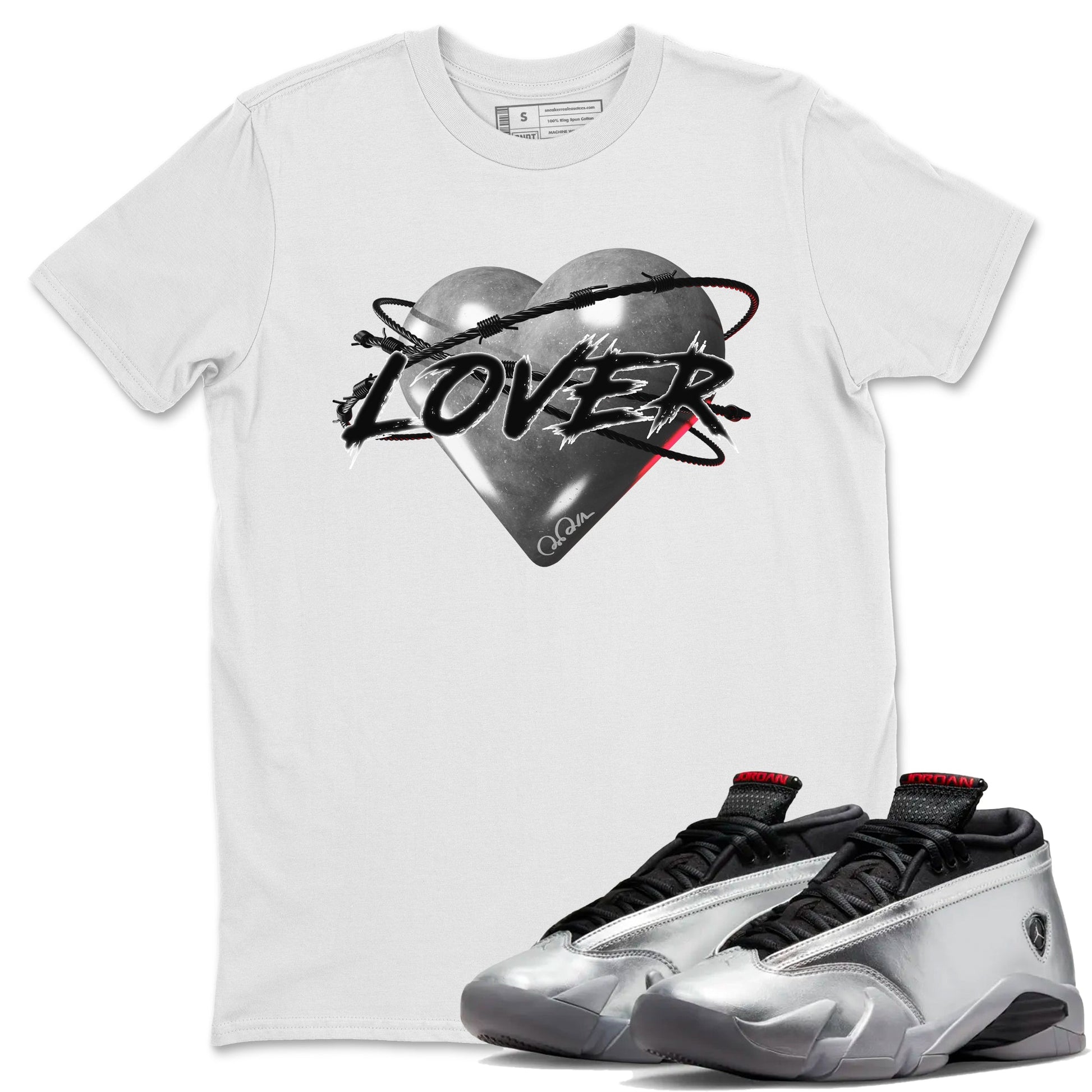 Air Jordan 14 Metallic Silver Sneaker Match Tees Heart Lover Sneaker Tees AJ14 Metallic Silver Sneaker Release Tees Unisex Shirts White 1
