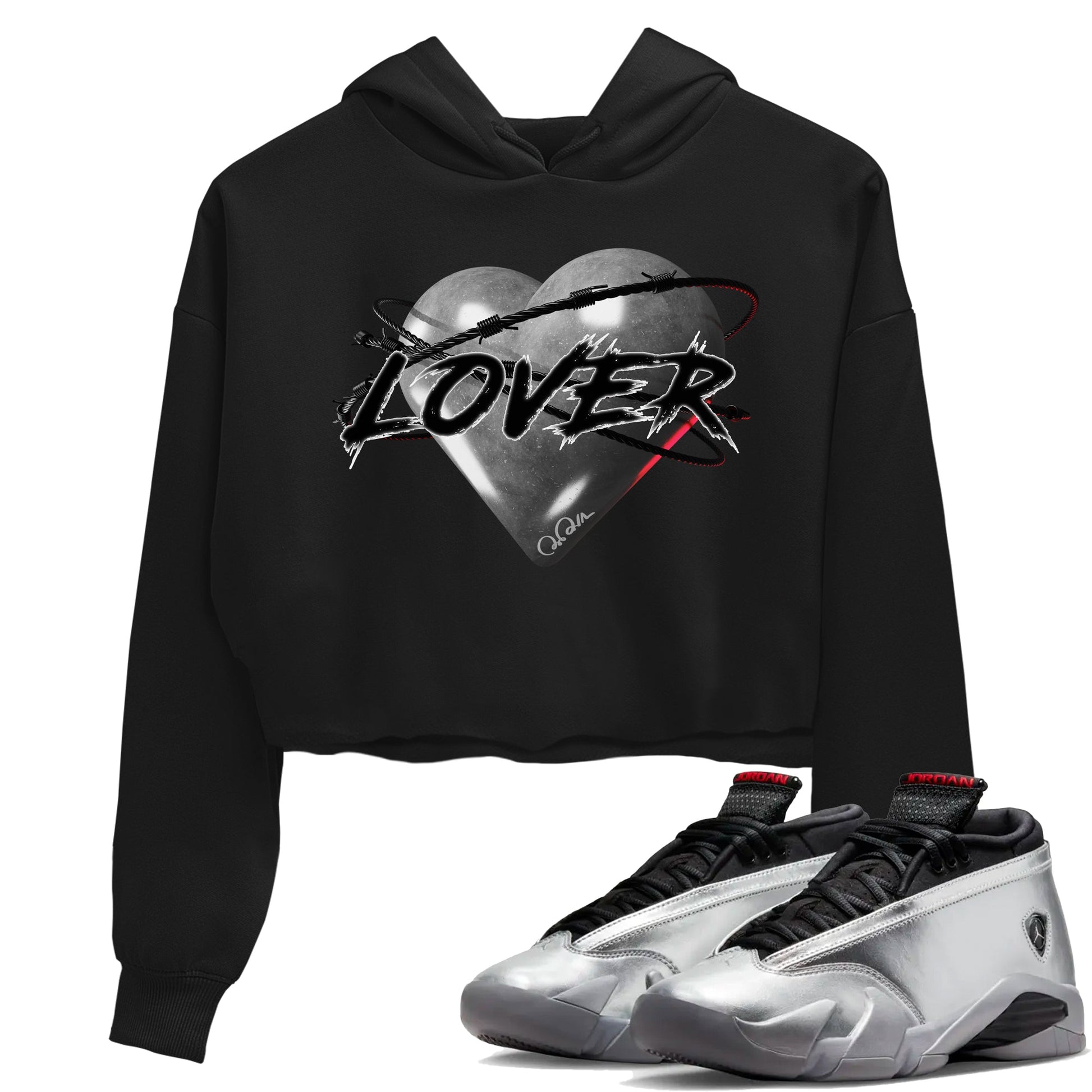 Air Jordan 14 Metallic Silver Sneaker Match Tees Heart Lover Sneaker Tees AJ14 Metallic Silver Sneaker Release Tees Women's Shirts Black 1