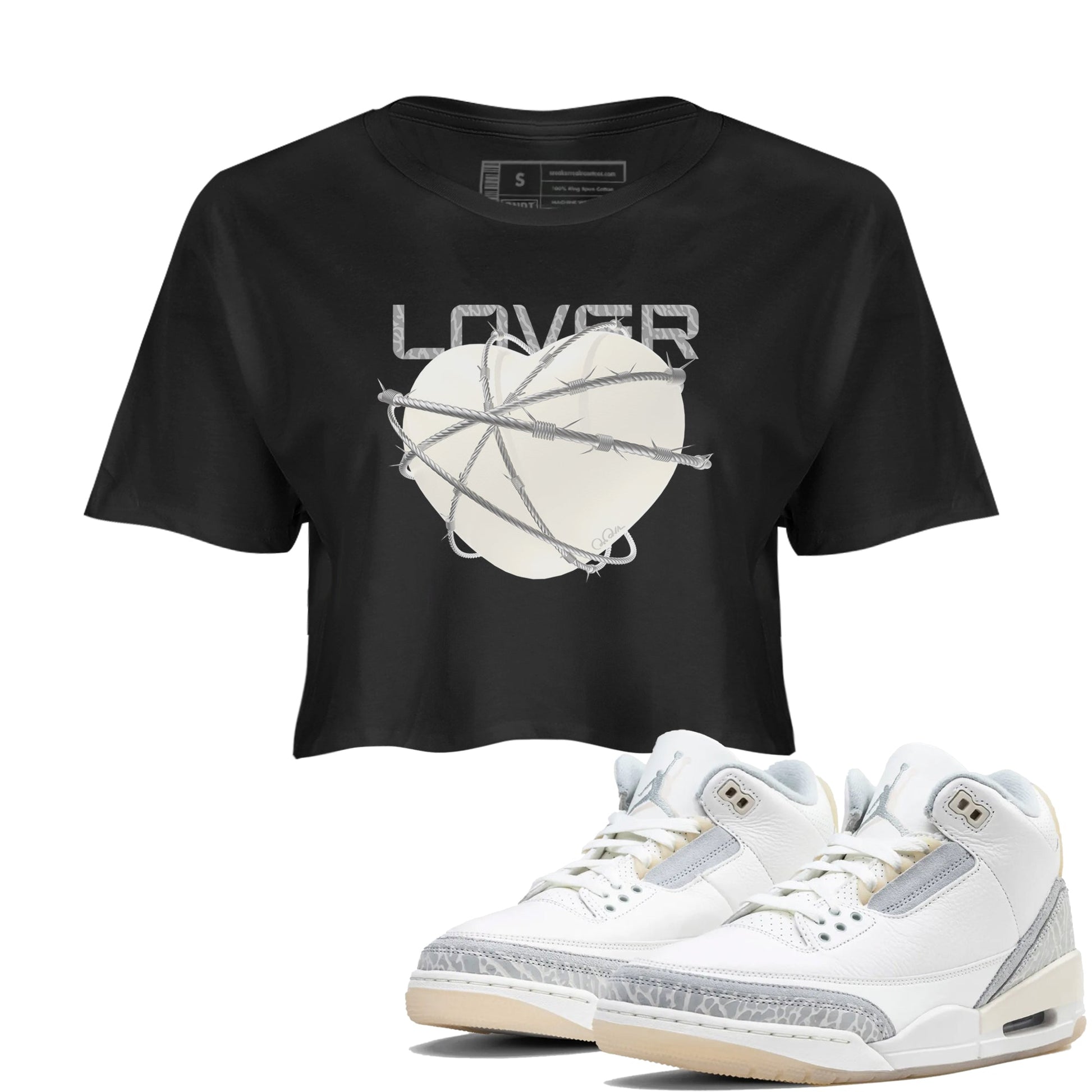 3s Ivory shirt to match jordans Heart Lover sneaker tees Air Jordan 3 Ivory SNRT Sneaker Release Tees Black 1 crop length shirt