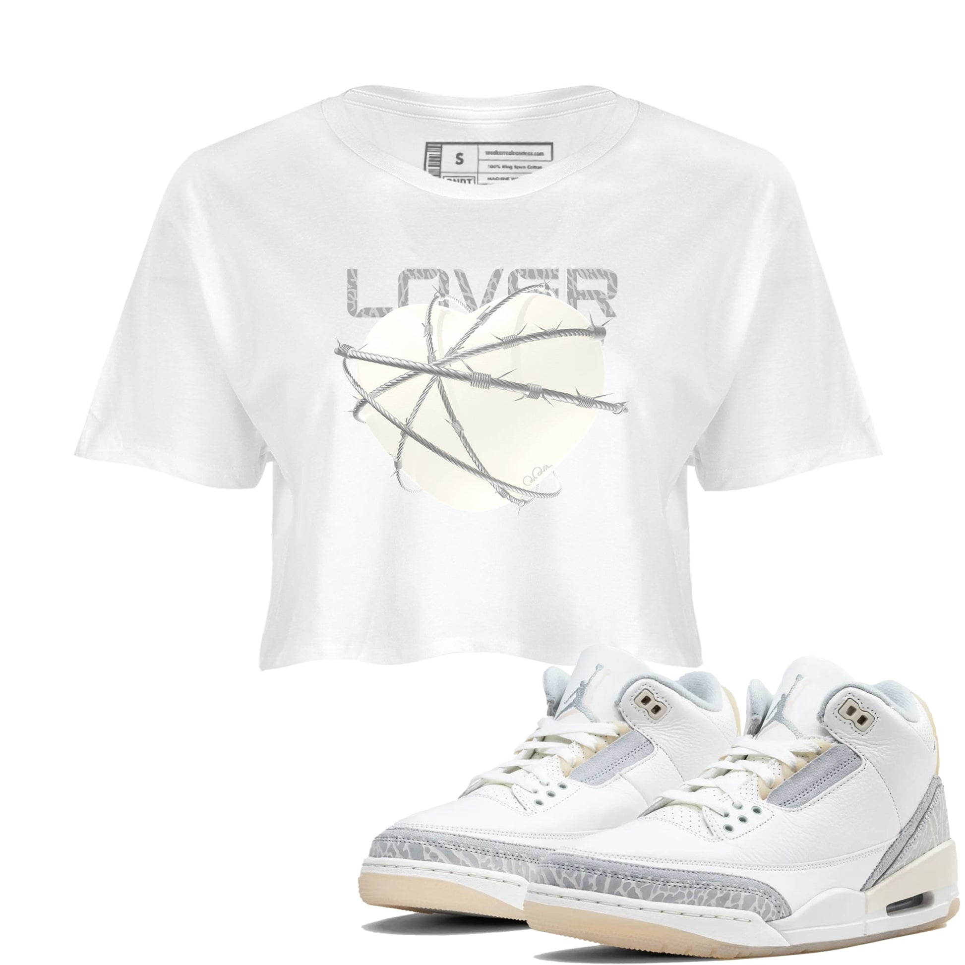 3s Ivory shirt to match jordans Heart Lover sneaker tees Air Jordan 3 Ivory SNRT Sneaker Release Tees White 1 crop length shirt