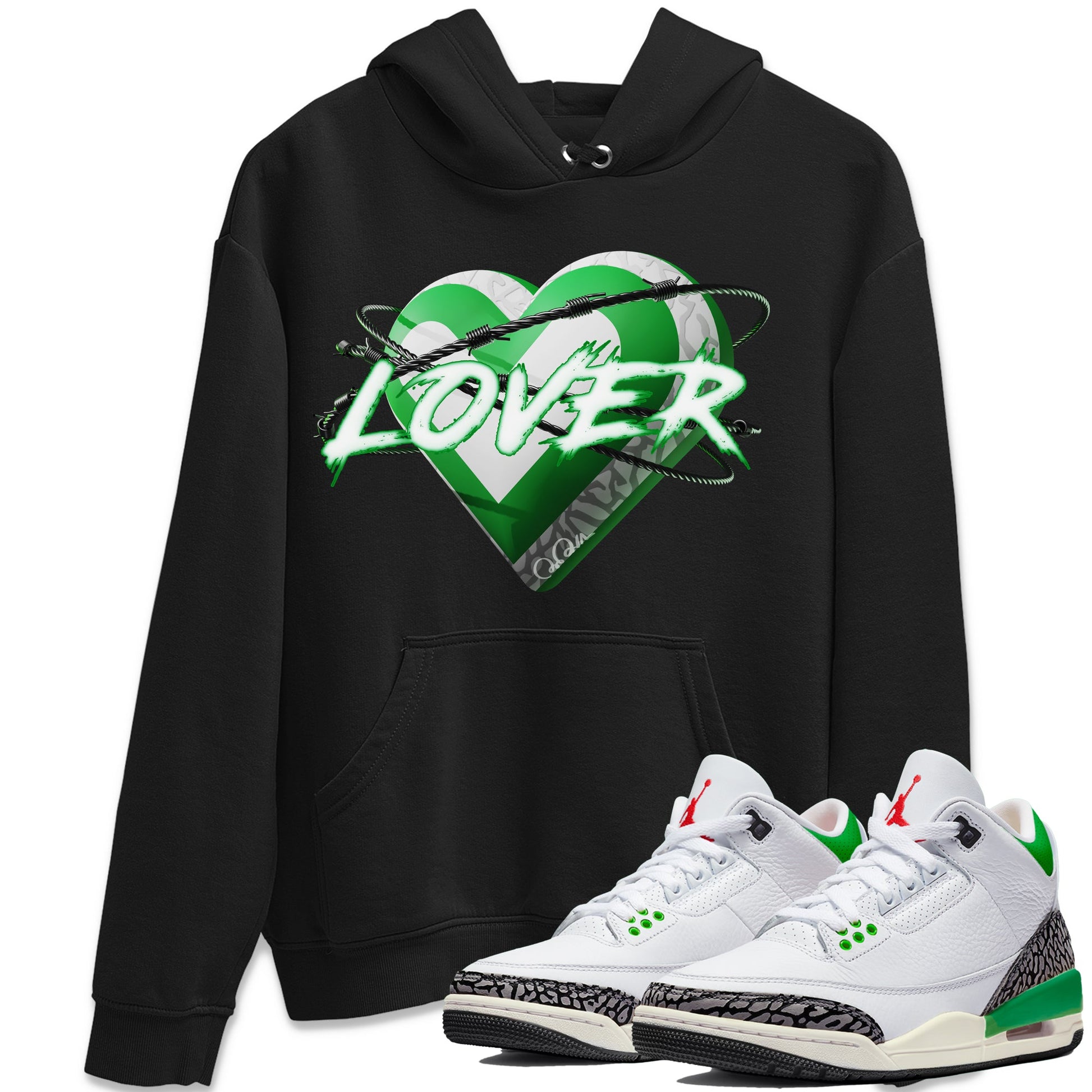Air Jordan 3 Lucky Green Sneaker Match Tees Heart Lover Sneaker Tees AJ3 Lucky Green Sneaker Release Tees Unisex Shirts Black 1