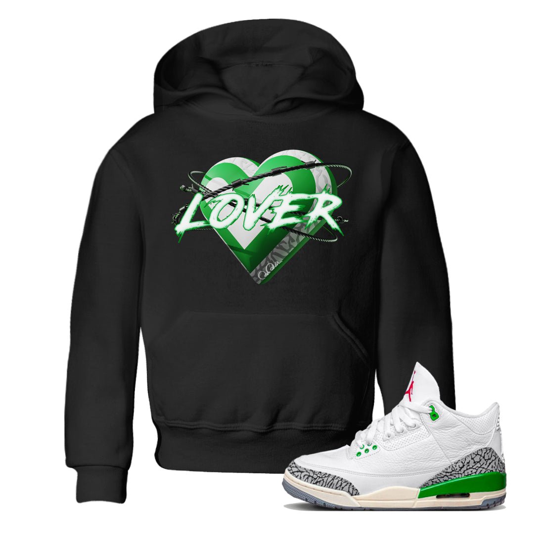 Air Jordan 3 Lucky Green Sneaker Match Tees Heart Lover Sneaker Tees AJ3 Lucky Green Sneaker Release Tees Kids Shirts Black 1