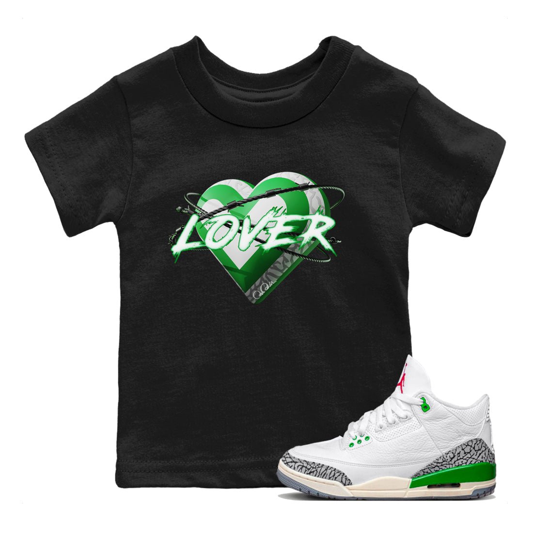 Air Jordan 3 Lucky Green Sneaker Match Tees Heart Lover Sneaker Tees AJ3 Lucky Green Sneaker Release Tees Kids Shirts Black 1