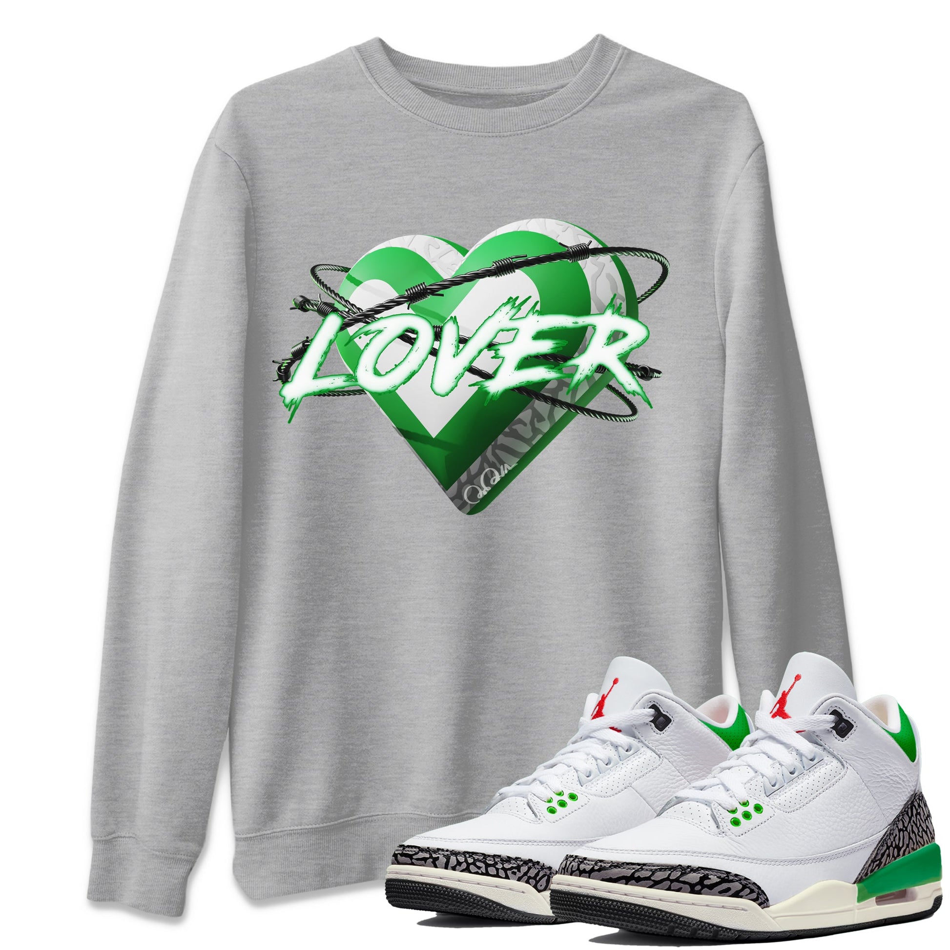 Air Jordan 3 Lucky Green Sneaker Match Tees Heart Lover Sneaker Tees AJ3 Lucky Green Sneaker Release Tees Unisex Shirts Heather Grey 1