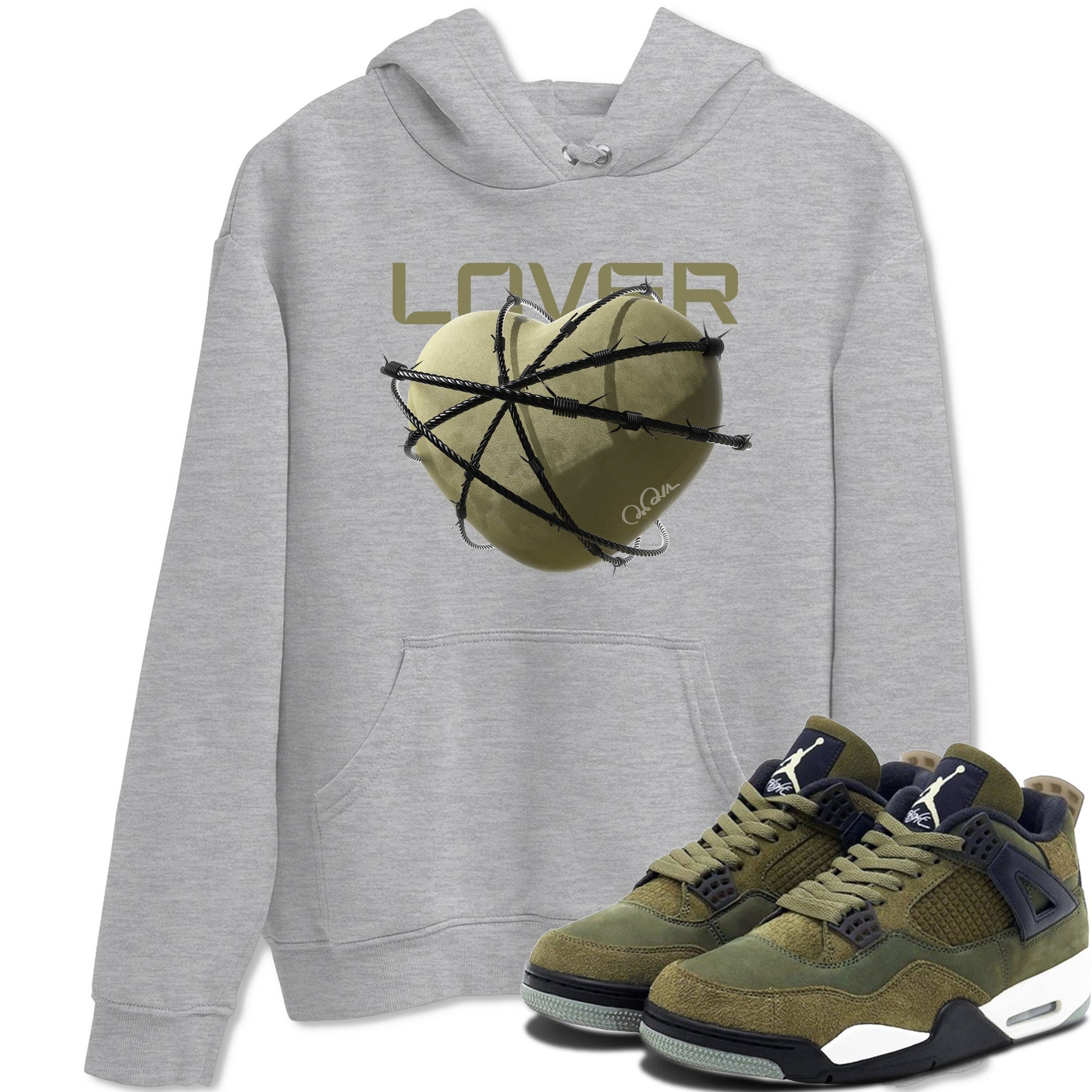 Air Jordan 4 Medium Olive shirt to match jordans Heart Lover sneaker tees AJ4Medium Olive SNRT Sneaker Release Tees Unisex Heather Grey 1 T-Shirt