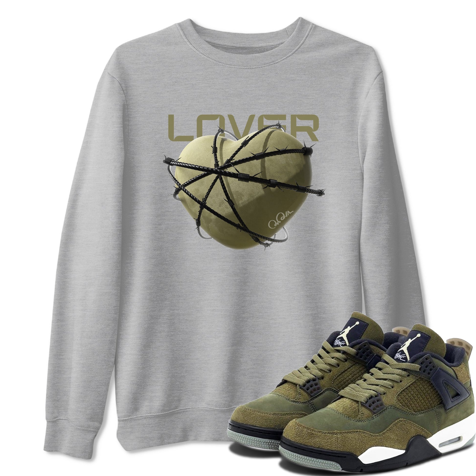 Air Jordan 4 Medium Olive shirt to match jordans Heart Lover sneaker tees AJ4Medium Olive SNRT Sneaker Release Tees Unisex Heather Grey 1 T-Shirt