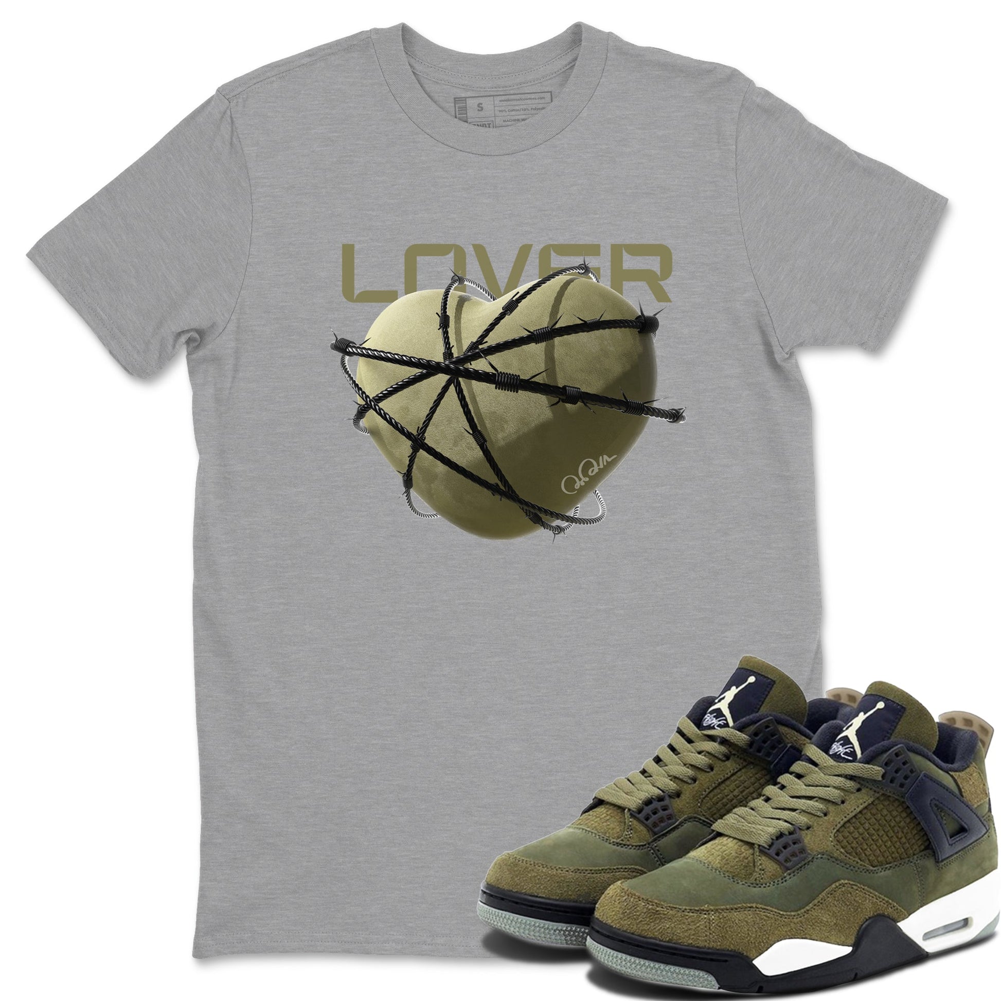 Air Jordan 4 Medium Olive shirt to match jordans Heart Lover sneaker tees AJ4Medium Olive SNRT Sneaker Release Tees Unisex Heather Grey 1 T-Shirt
