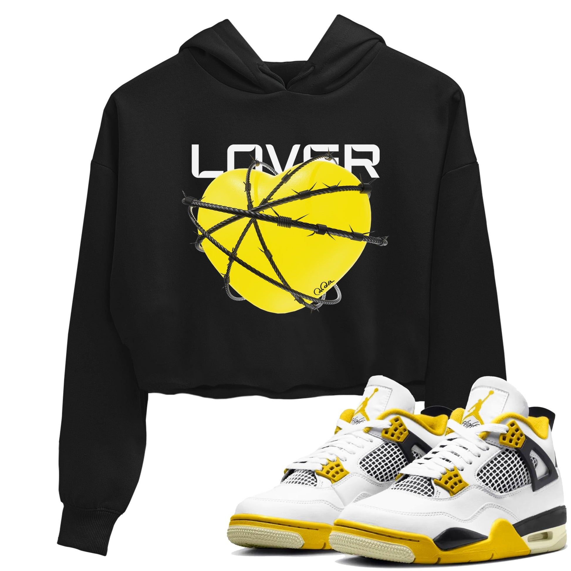 AJ4 Vivid Sulfur shirt to match jordans Heart Lover sneaker tees Air Jordan 4 Vivid Sulfur SNRT Sneaker Release Tees Black 1 crop length shirt