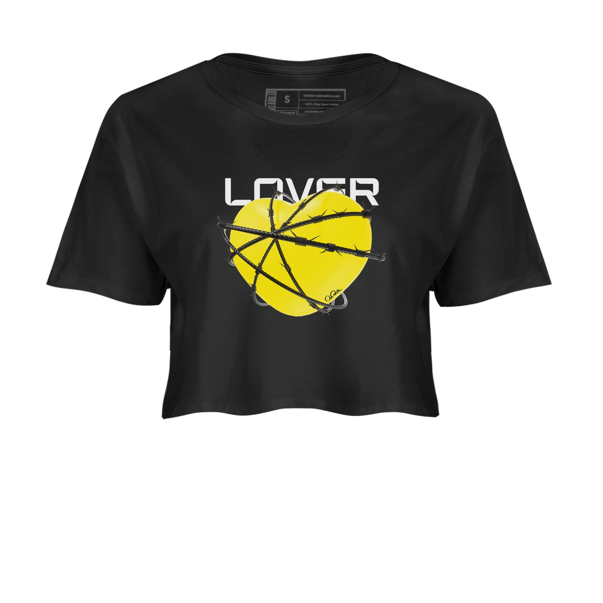 AJ4 Vivid Sulfur shirt to match jordans Heart Lover sneaker tees Air Jordan 4 Vivid Sulfur SNRT Sneaker Release Tees Black 2 crop length shirt