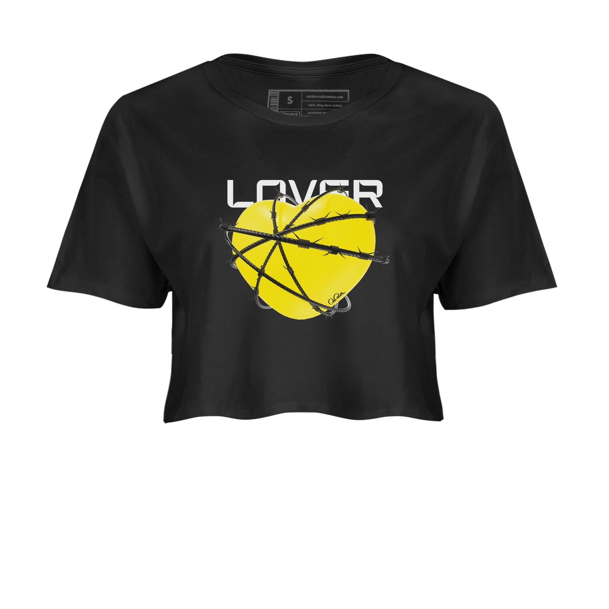 AJ4 Vivid Sulfur shirt to match jordans Heart Lover sneaker tees Air Jordan 4 Vivid Sulfur SNRT Sneaker Release Tees Black 2 crop length shirt