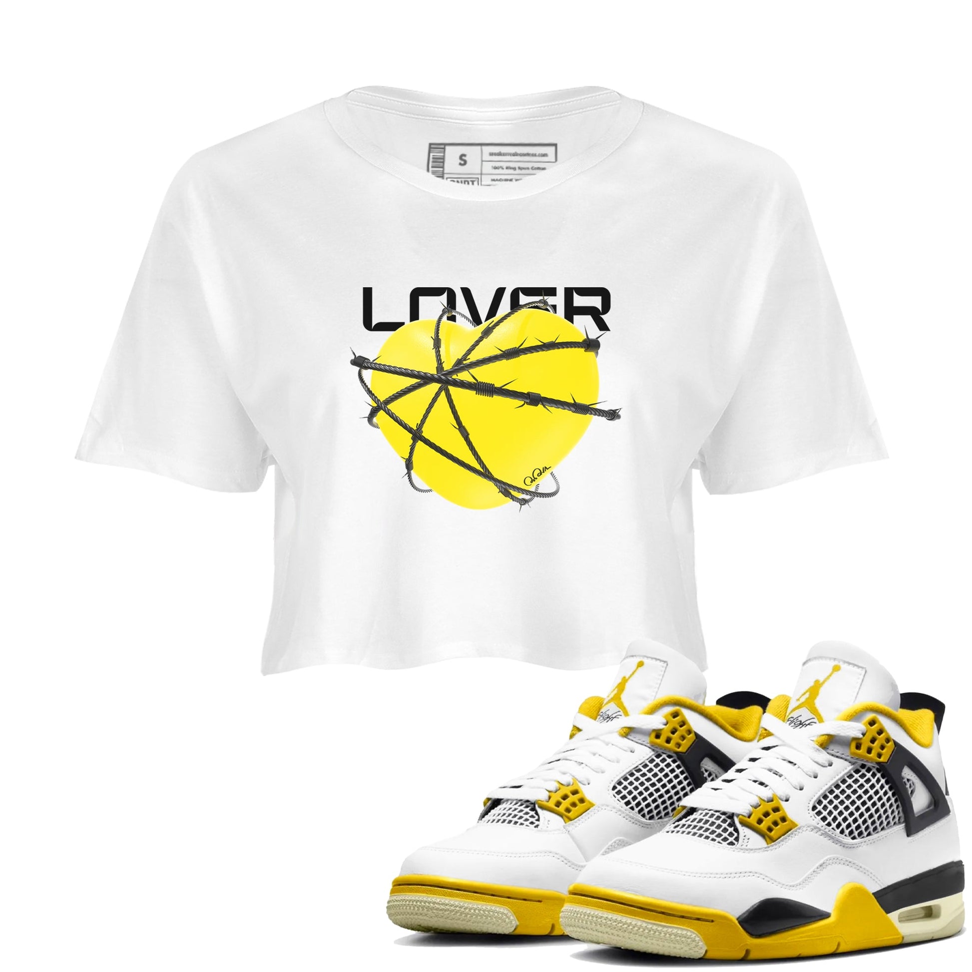 AJ4 Vivid Sulfur shirt to match jordans Heart Lover sneaker tees Air Jordan 4 Vivid Sulfur SNRT Sneaker Release Tees White 1 crop length shirt