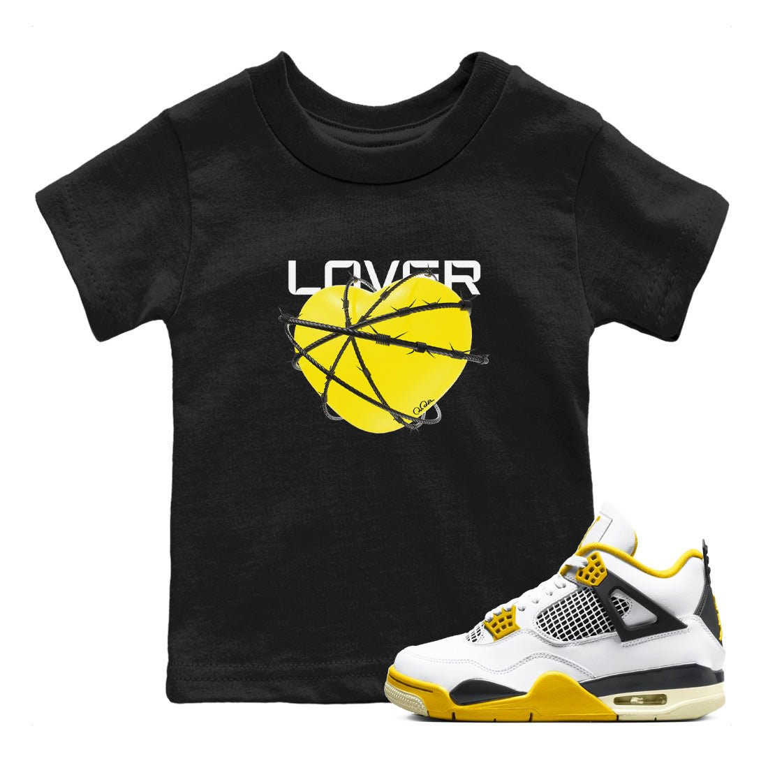 AJ4 Vivid Sulfur shirt to match jordans Heart Lover sneaker tees Air Jordan 4 Vivid Sulfur SNRT sneaker release tees baby toddler Black 1 cotton Shirt