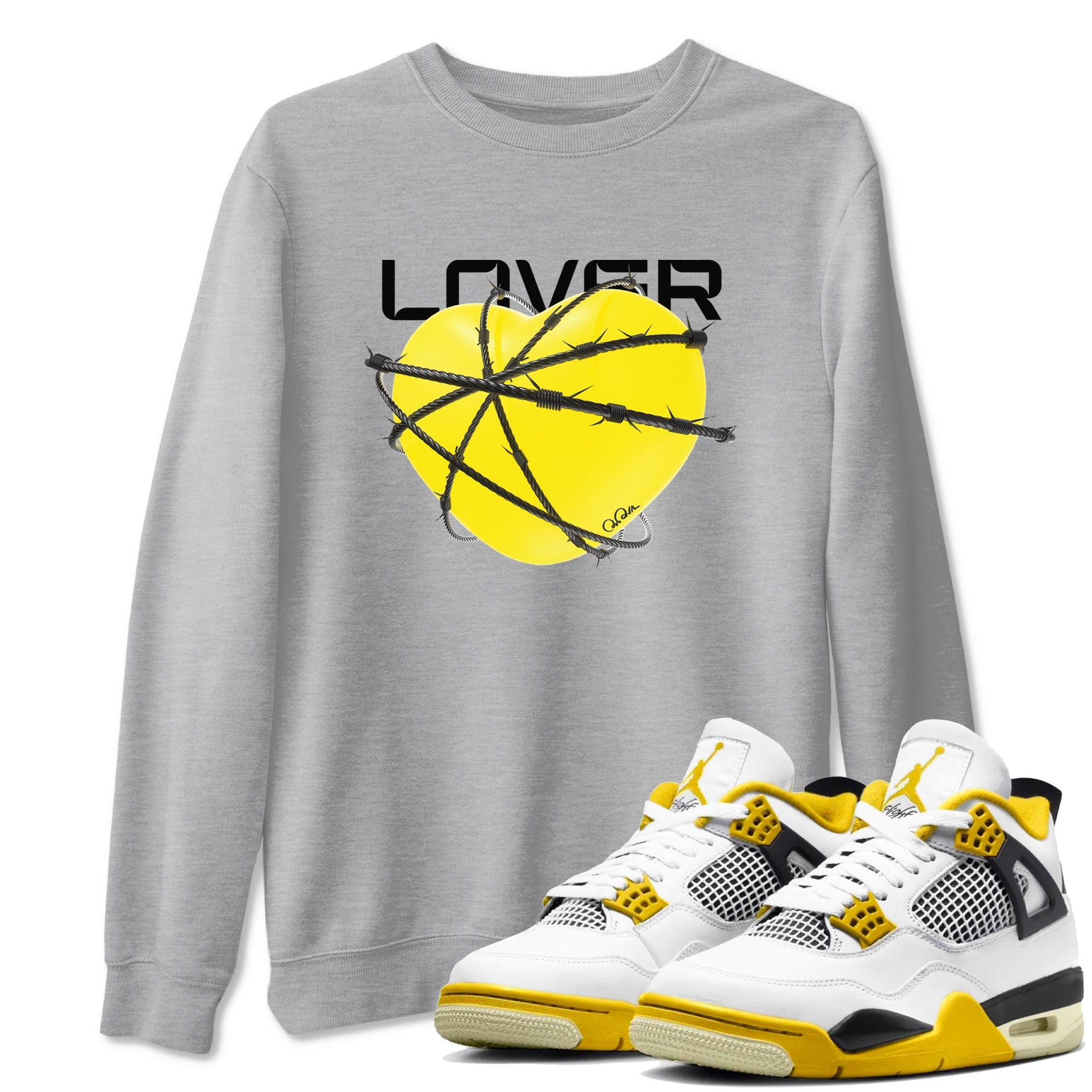 AJ4 Vivid Sulfur shirt to match jordans Heart Lover sneaker tees Air Jordan 4 Vivid Sulfur SNRT Sneaker Release Tees unisex cotton Heather Grey 1 crew neck shirt