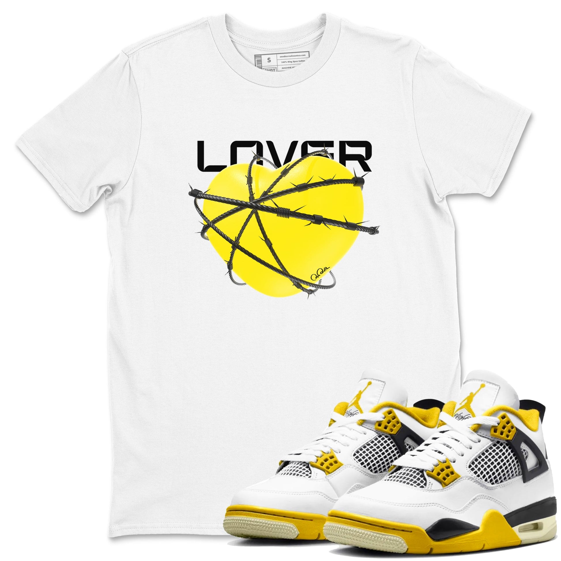 AJ4 Vivid Sulfur shirt to match jordans Heart Lover sneaker tees Air Jordan 4 Vivid Sulfur SNRT Sneaker Release Tees unisex cotton White 1 crew neck shirt