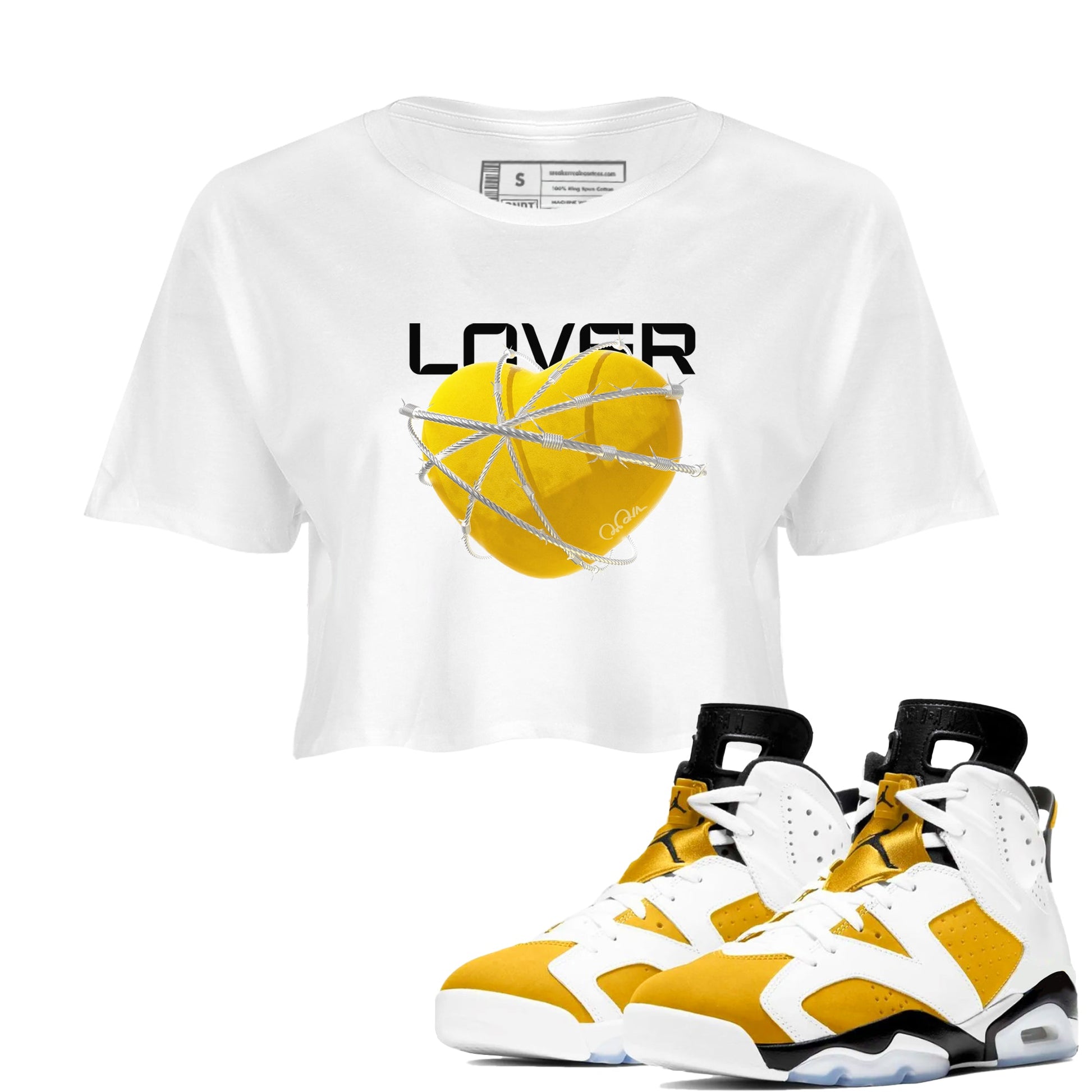 6s Yellow Ochre shirt to match jordans Heart Lover sneaker tees Air Jordan 6 Yellow Ochre SNRT Sneaker Release Tees White 1 Crop T-Shirt