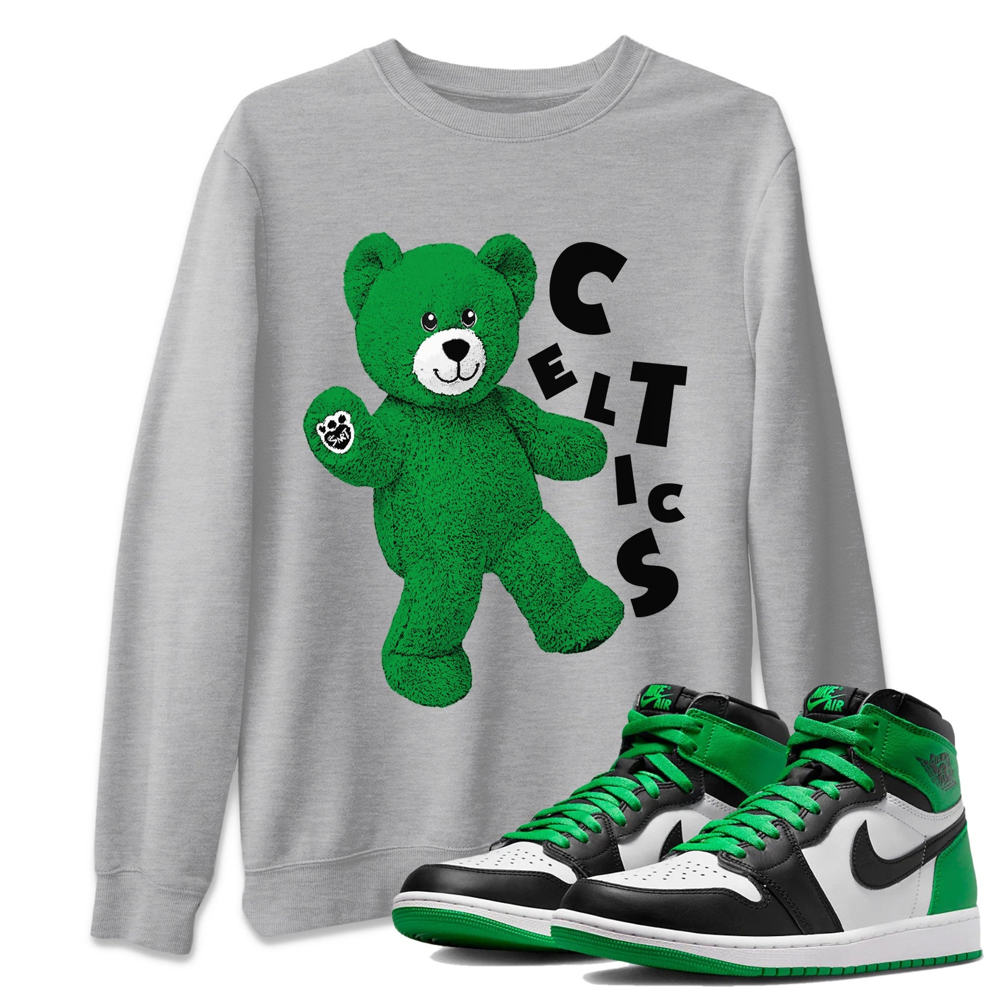 Air Jordan 1 Celtics Sneaker Match Tees Hello Bear Sneaker Tees Air Jordan 1 Lucky Green Celtics Tees Unisex Shirts Heather Grey 1