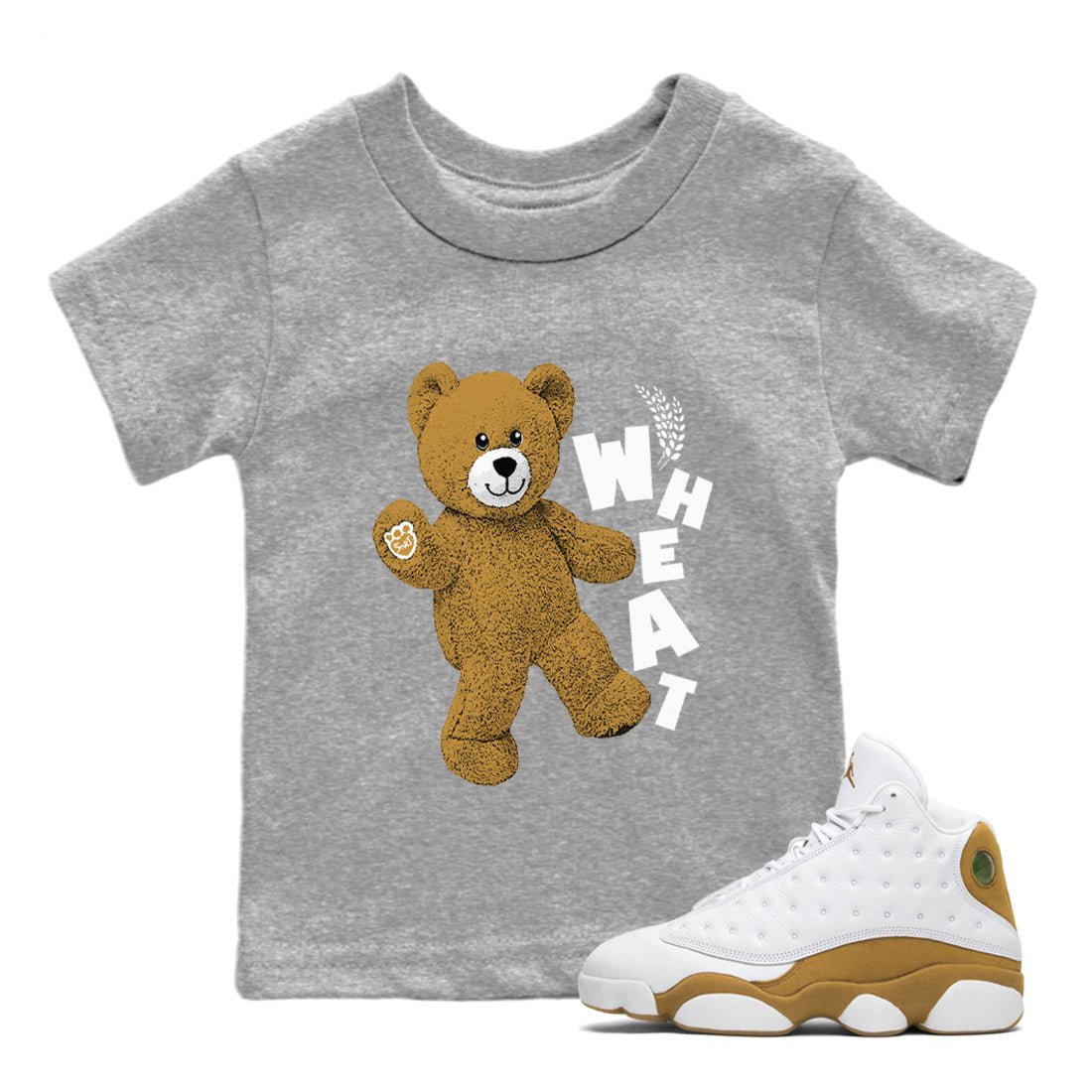 Jordan Retro 13 Wheat Sneaker Matching Tee Hello Bear Sneaker Tees Air Jordan 13 Wheat Sneaker Release Tees Kids Shirts Heather Grey 1