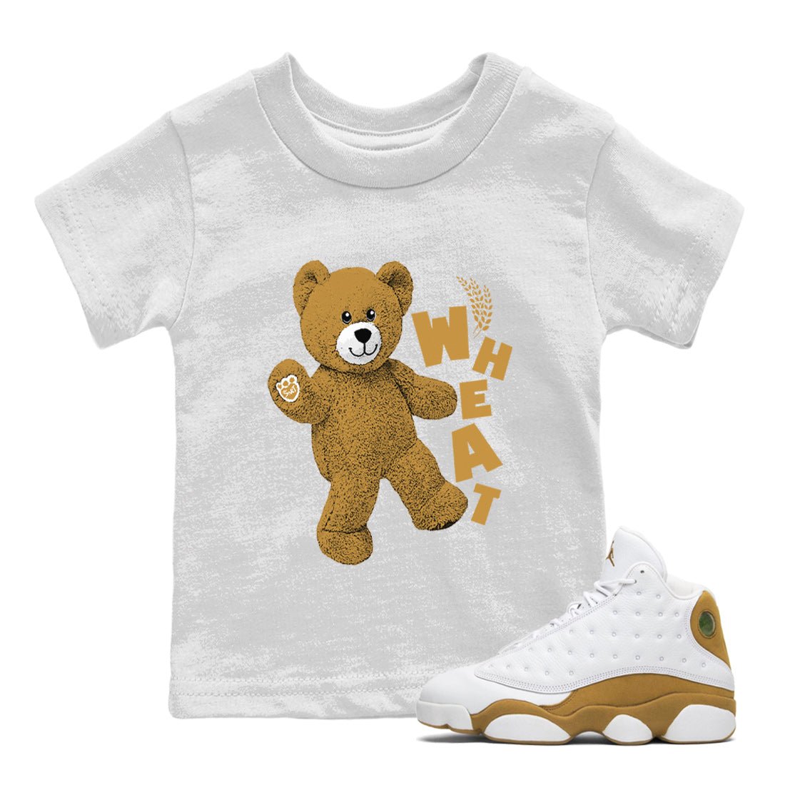 Jordan Retro 13 Wheat Sneaker Matching Tee Hello Bear Sneaker Tees Air Jordan 13 Wheat Sneaker Release Tees Kids Shirts White 1