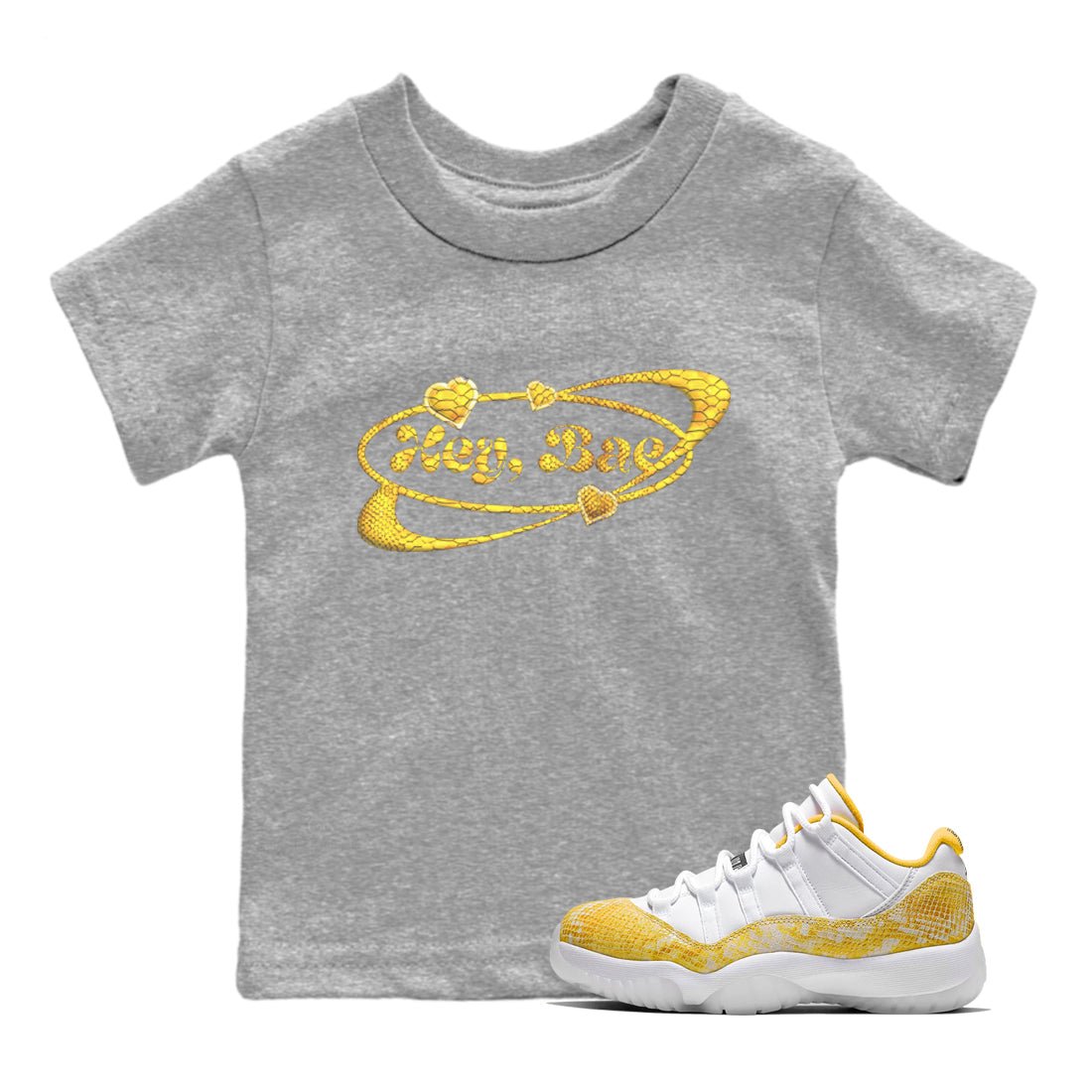 Air Jordan 11 Yellow Python Sneaker Match Tees Hey Bae Sneaker Tees AJ11 Yellow Python Sneaker Release Tees Kids Shirts Heather Grey 1