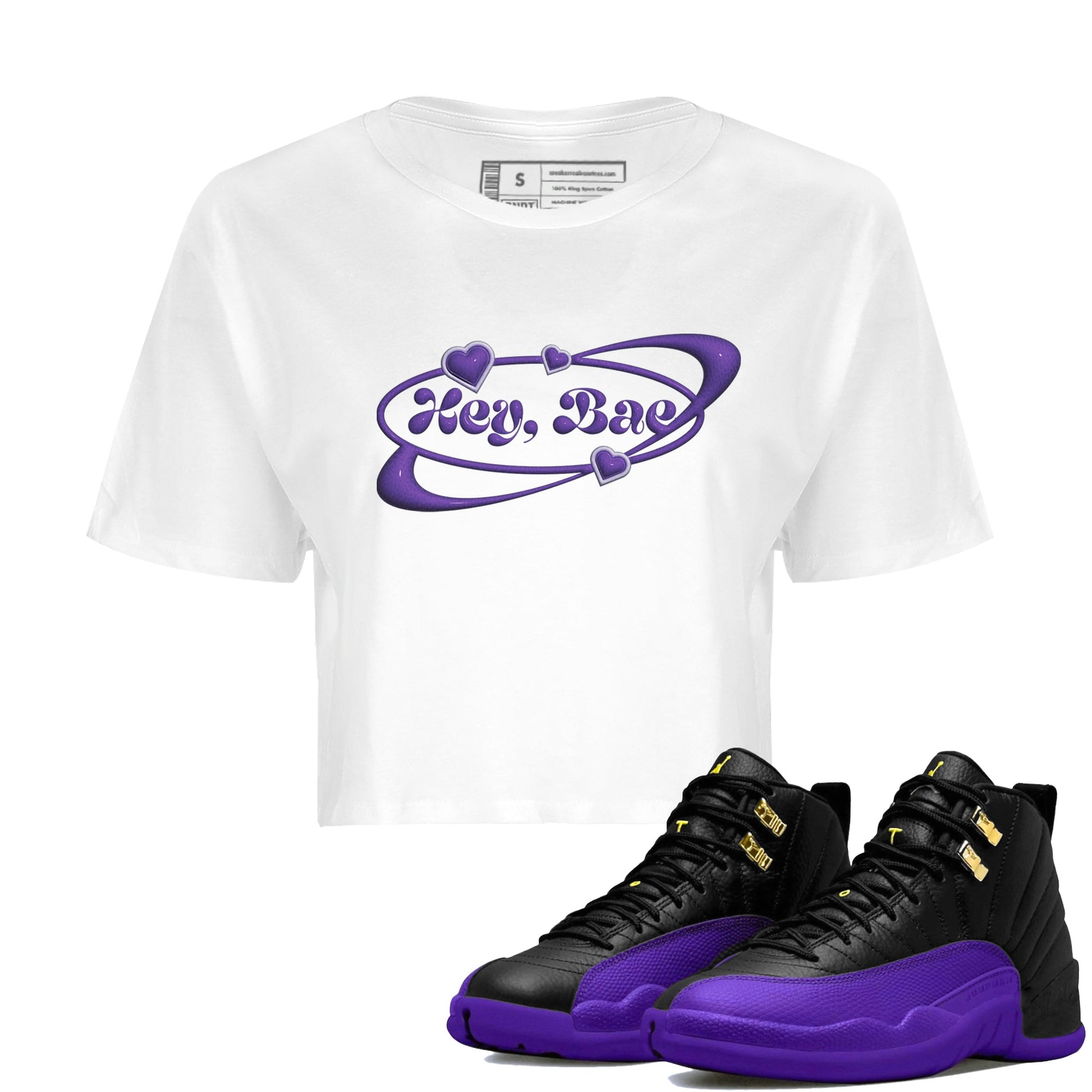 Air Jordan 12 Field Purple Sneaker Match Tees Hey Bae Sneaker Tees AJJordan 12 Lakers Sneaker Release Tees Women's Shirts White 1