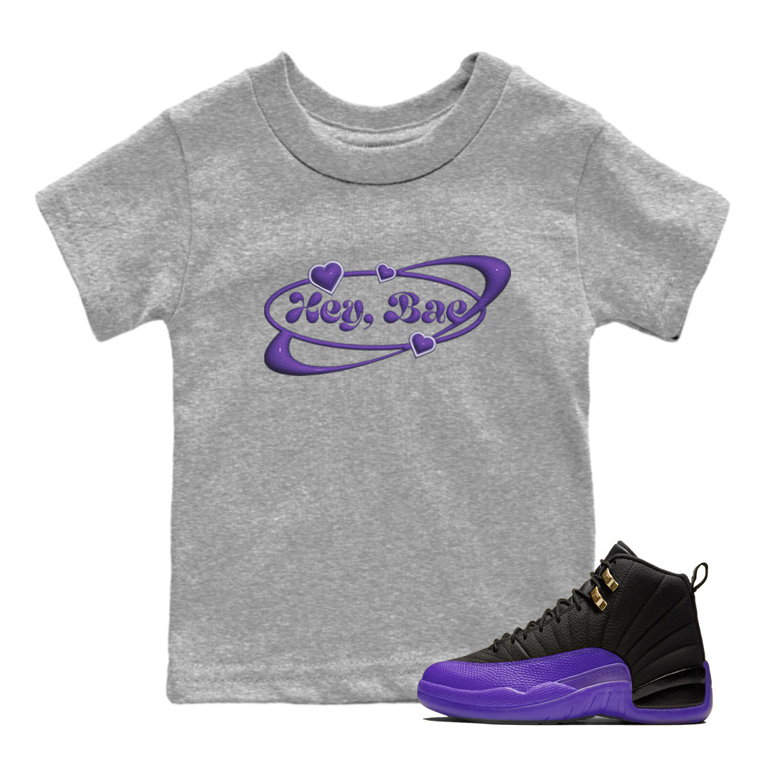 Air Jordan 12 Field Purple Sneaker Match Tees Hey Bae Sneaker Tees AJJordan 12 Lakers Sneaker Release Tees Kids Shirts Heather Grey 1