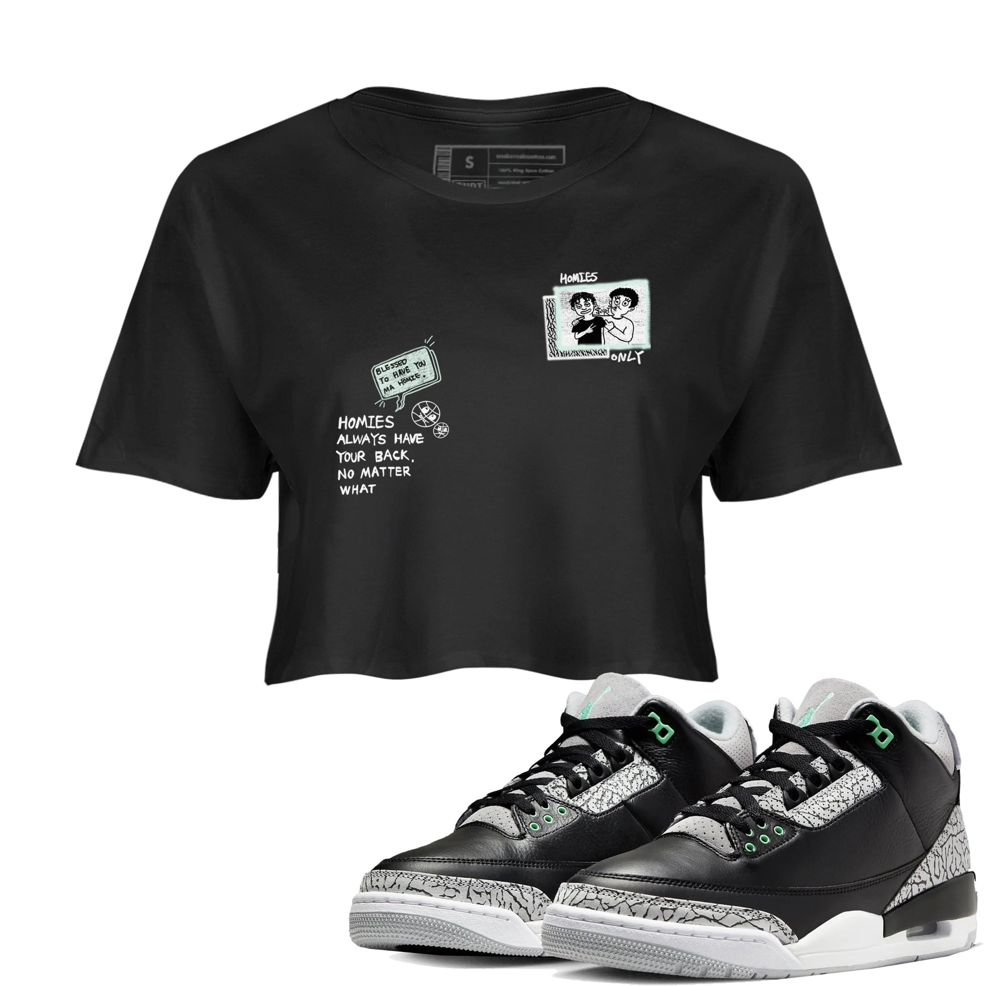 3s Green Glow shirt to match jordans Homies Only sneaker tees Air Jordan 3 Green Glow SNRT Sneaker Release Tees Black 1 crop length shirt