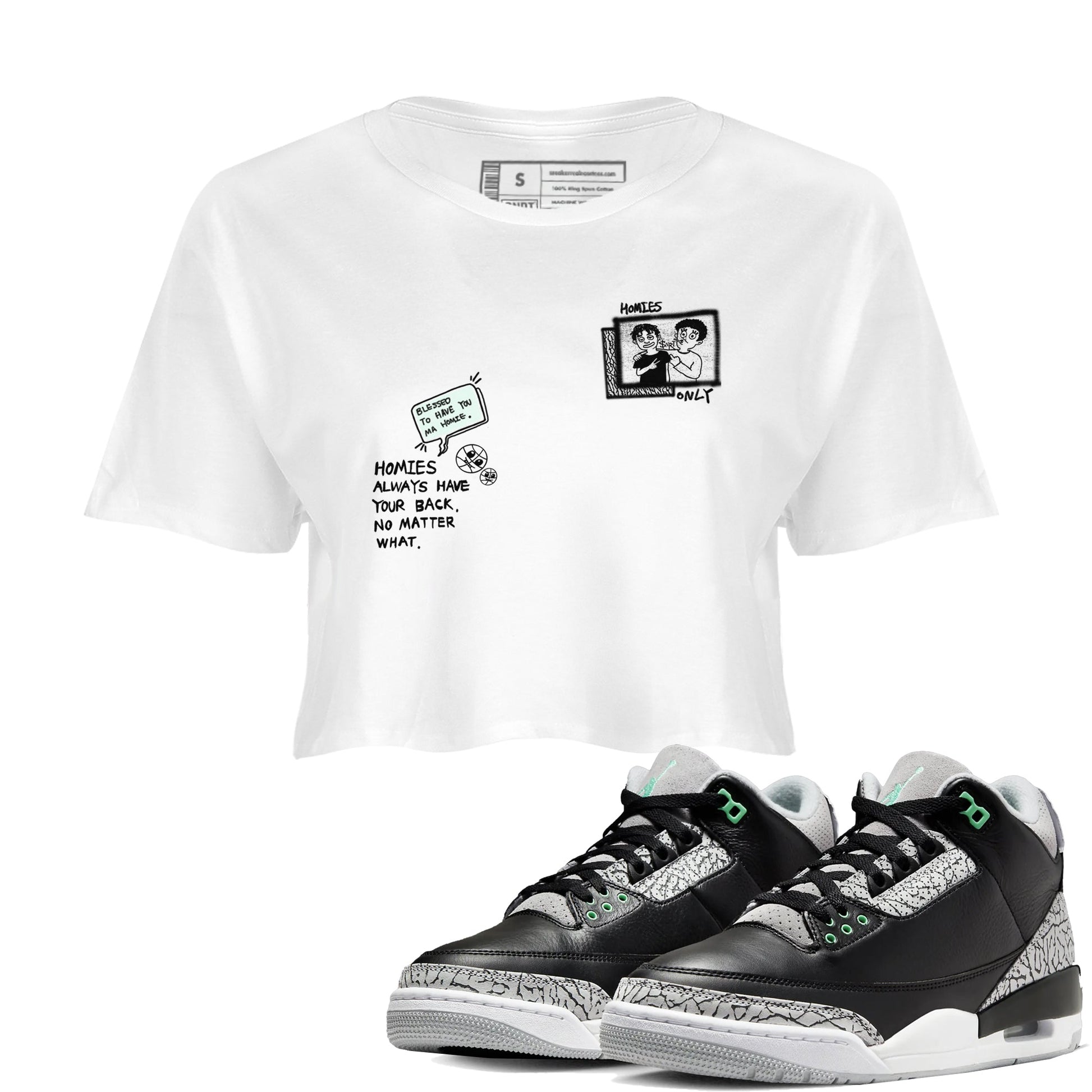 3s Green Glow shirt to match jordans Homies Only sneaker tees Air Jordan 3 Green Glow SNRT Sneaker Release Tees White 1 crop length shirt