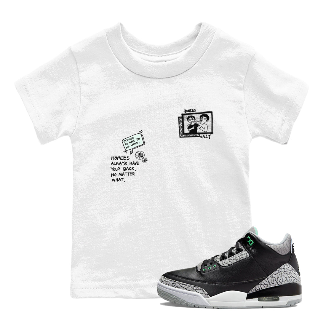 3s Green Glow shirt to match jordans Homies Only sneaker tees Air Jordan 3 Green Glow SNRT sneaker release tees baby toddler White 1 cotton Shirt
