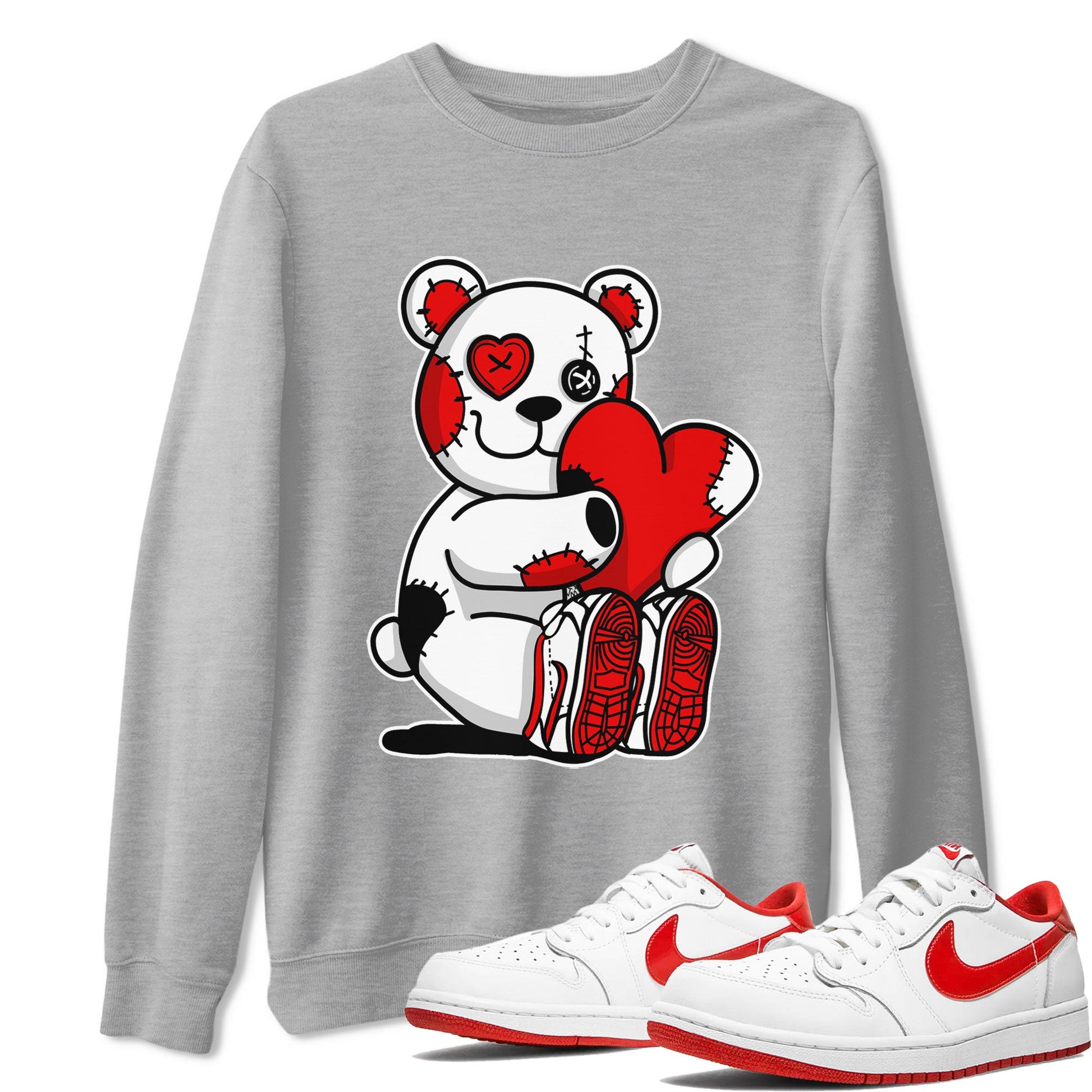 Air Jordan 1 University Red shirt to match jordans Hugging Bear sneaker tees Jordan 1 Low University Red SNRT Sneaker Release Tees Crew Neck Casual Unisex Heather Grey 1 T-Shirt