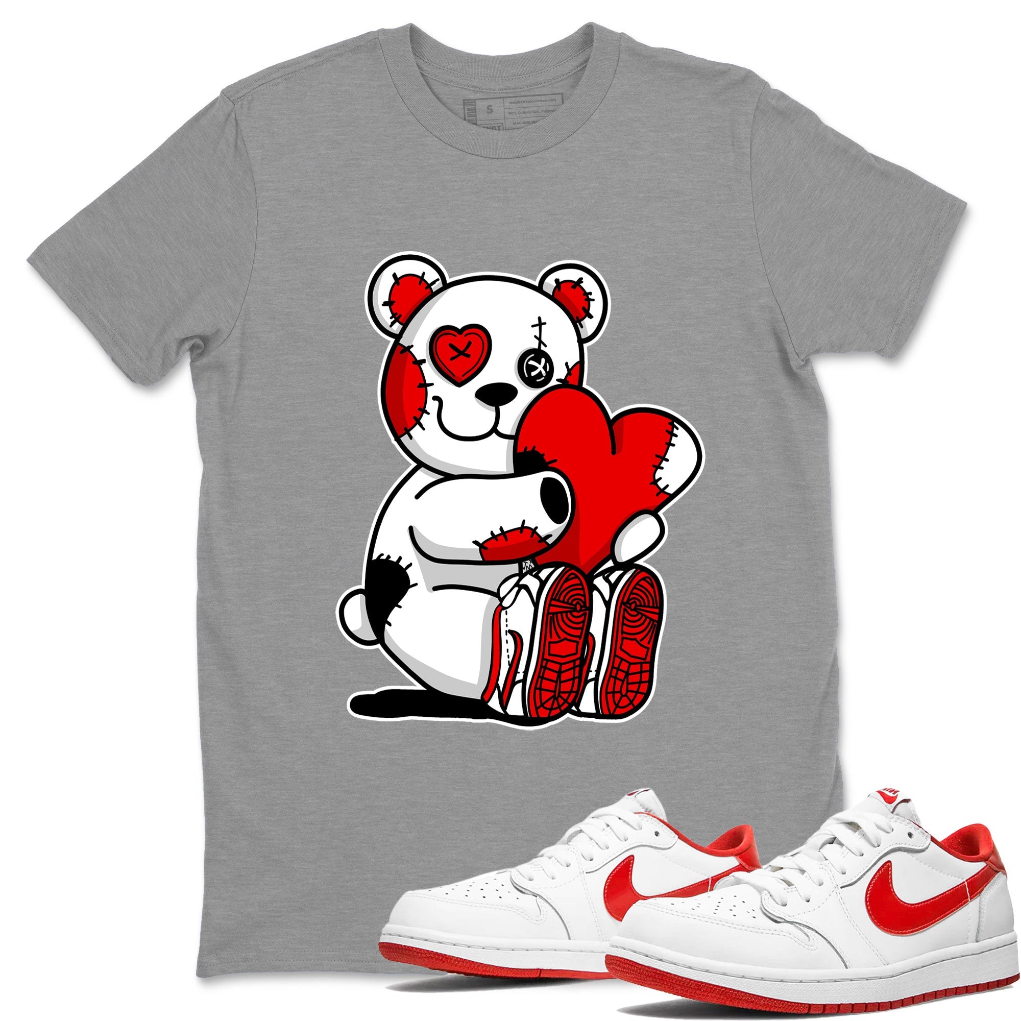 Air Jordan 1 University Red shirt to match jordans Hugging Bear sneaker tees Jordan 1 Low University Red SNRT Sneaker Release Tees Crew Neck Casual Unisex Heather Grey 1 T-Shirt