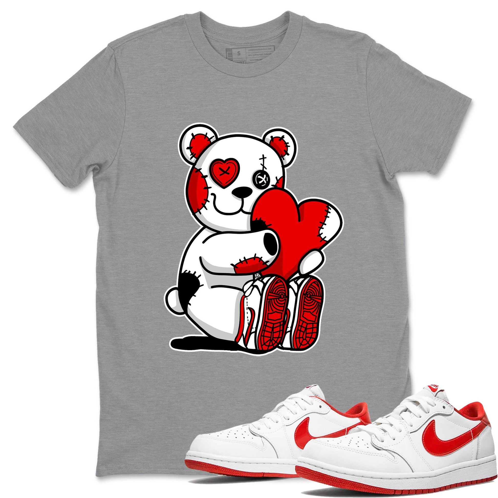 Air Jordan 1 University Red shirt to match jordans Hugging Bear sneaker tees Jordan 1 Low University Red SNRT Sneaker Release Tees Crew Neck Casual Unisex Heather Grey 1 T-Shirt