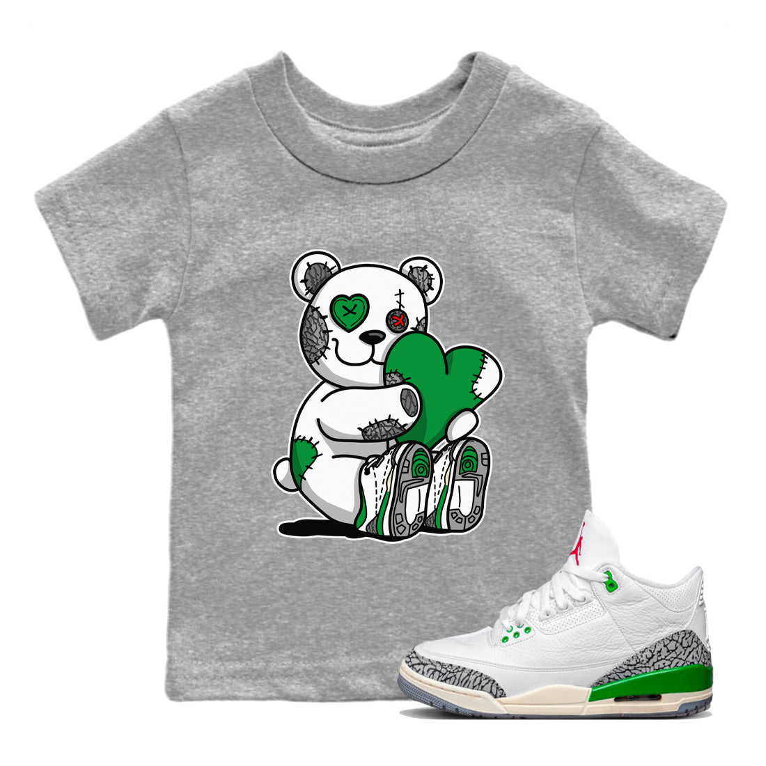 Air Jordan 3 Lucky Green Sneaker Match Tees Hugging Bear Sneaker Tees Jordan 3 Retro Lucky Green Sneaker Release Tees Kids Shirts Heather Grey 1